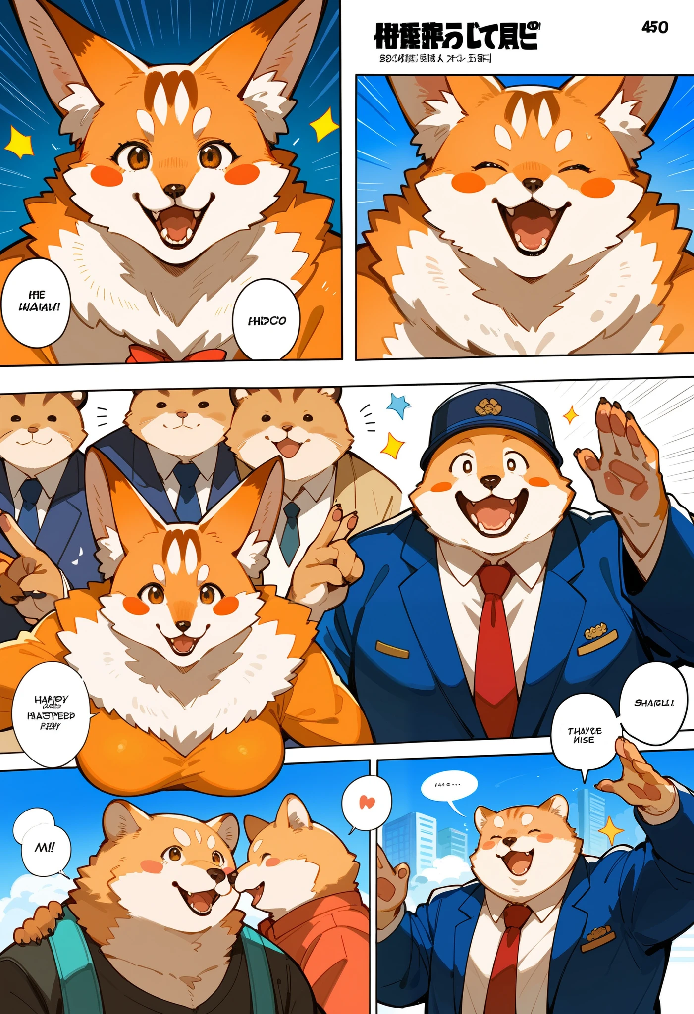 cover_page, highres, four-panel comics, four-frame cartoons, Yonkoma Manga, speech balloon, English text, Hand-drawn sound effects stickers used in comic, top quality, best quality, paid reward available, High-quality illustrations, unparalleled masterpiece, perfect artwork, absurdres, super high resolution, detailed background, Beautiful World Heritage, boys, girls, Happy, joyful(kemono, furry anthro)(emotions, comic to represent actions, motion blur)assorted poses, assorted angles, assorted facial expression,