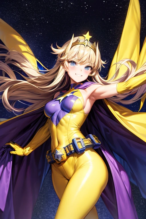 ((best quality)), ((masterpiece)), (detailed), 1 girl, Full body, 19 years old, Smiling face, Blue eyes, Star-shaped tiara, Arms outstretched, Arms behind waist, Eye mask, Blue superhero mask, Blushing, Blonde hair, Straight hair, Long hair, Bangs, 2 star clips on the sides of hair, Full body, Medium breasts, Slim body, Hands with yellow stars, Yellow wristbands, Long yellow gloves, Purple gloves, Superhero costume, Superheroes, Yellow leotard suit, With a big yellow star in the center, Star emblem, Somewhat tight, Long yellow cape on waist, Red belt, Purple legs, Purple pantyhose, Purple boots, Flying, City background, Anime