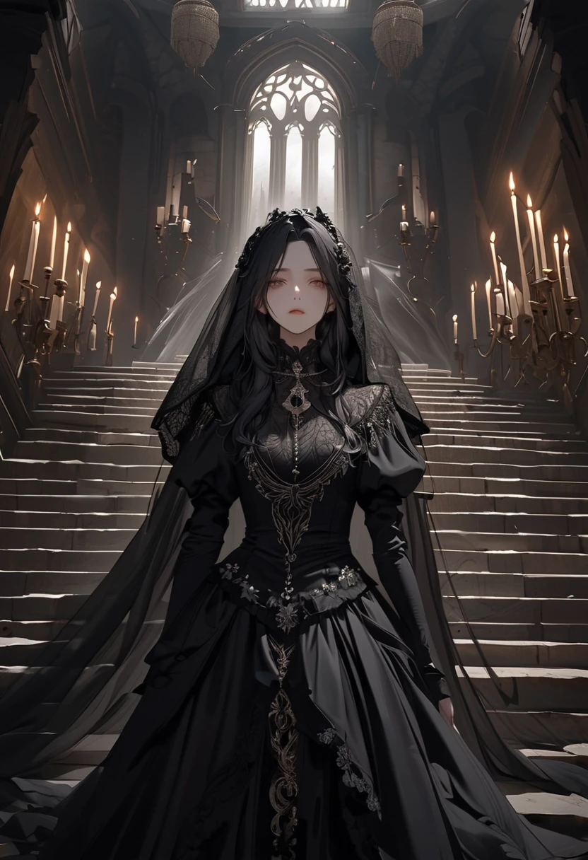An enigmatic anime-style androgynous woman with a hauntingly beautiful presence. Their long, flowing jet-black hair partially veils their pale, porcelain-like face. Their deep, haunting eyes carry both sorrow and intensity, as if they hold ancient secrets. Dressed in a lavish Victorian-inspired black velvet outfit with intricate lace and silver embroidery, they embody gothic elegance. They stand at the top of a grand staircase, their presence eerily still, like a figure trapped between worlds. The setting is a dimly lit gothic mansion, illuminated by flickering candles, with heavy shadows dancing across the stone walls. Their pose is both regal and melancholic, exuding a sense of longing and mystery."