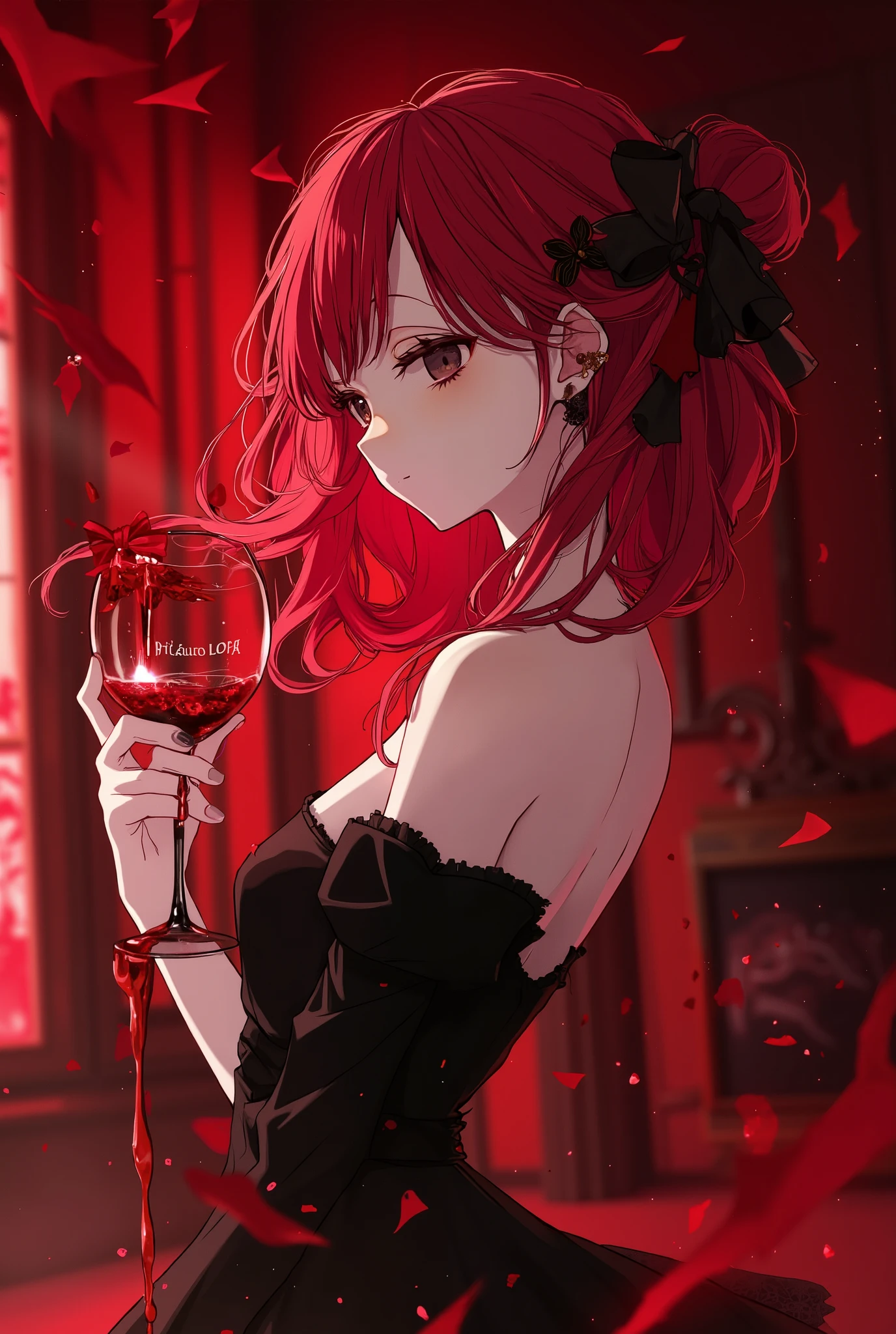 beautiful anime girl with red hair and black dress holding a glass of wine, auto-destructive art, hatsune miku, vocaloid, anime girl with red hair, in dress, wine flowing down from glass, girl is in black elegant dress that reveals her shoulders, her hair covers her right eye, she has black eyes, the background is blood red and it is slightly blurred, she has a red ribbon on her hair.