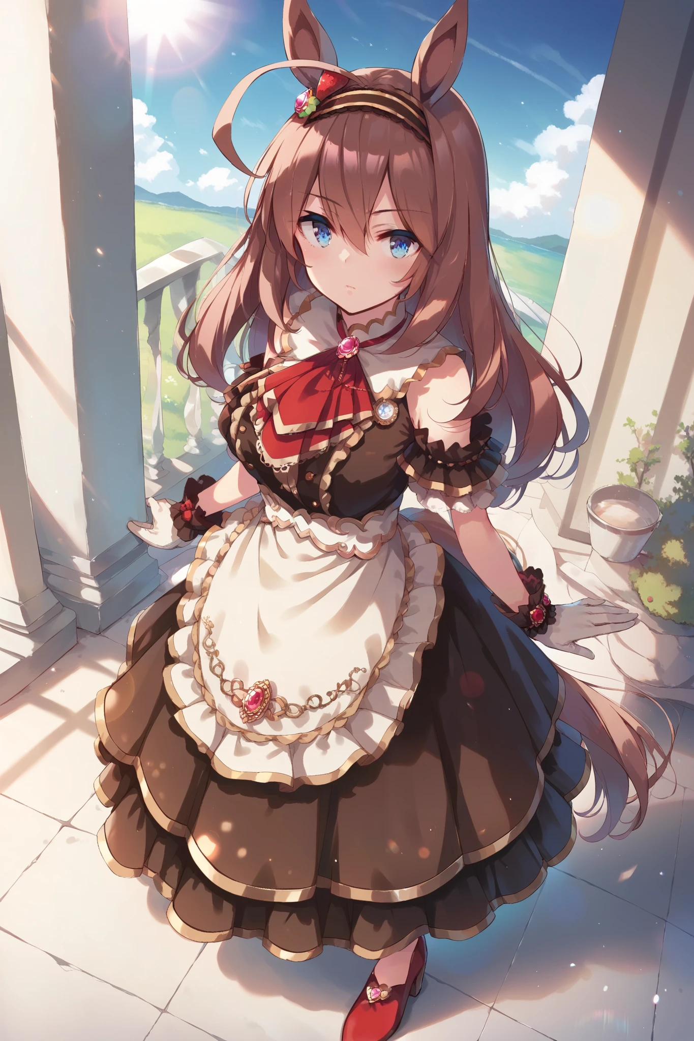 (score_9,score_8_up,score_7_up,score_6_up),(tomose),(takeda hiromitsu),masterpiece, best quality, absurdres,masterpiece, best quality, absurdres, mihono bourbon \(umamusume\), 1girl, horse tail, brown dress, horse ears, red footwear, brown hairband, closed mouth, white gloves, full body, red ascot, waist apron, sleeveless, arm garter, brooch, strawberry hair ornament, wrist frilled cuffs, red high heels, brown sockes blue sky,sun,cowboy shot,light rays,lens flare,light particles,dynamic pose,dynamic angle,