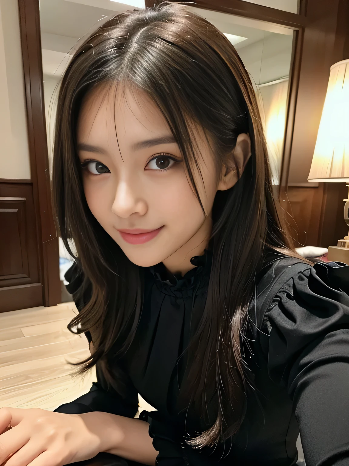 masterpiece, best quality, ultra-detailed, intricately detailed hyperdetailed, realistic, sharp features, highly detailed, sharp focus, Realistic, Photorealistic:1.3, perfect face, perfect symmetrically eyes, perfect full lips, hyper detailed, hyper realistic, high resolution, Taiwanese idol, Cute and sexy, fascinate, Beautiful Face, (Ruffle Black long sleeves dress:1.2), (Solid Slim A-line Party Dresses), light brown hair, Beautiful hairstyle, (Slightly open mouth), (naughty smile), hotel lounge, cinematic lighting,