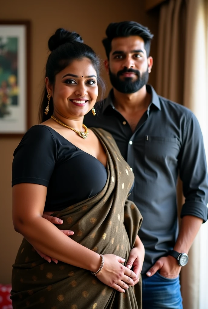 A radiant, full-figured South Indian 45-year-old aunty wearing a gray chiffon saree and blouse, tenderly hugging and kissing a jubilant group of  25-year-old men in  living room, captured in a full-body image with vibrant hues and meticulous details.