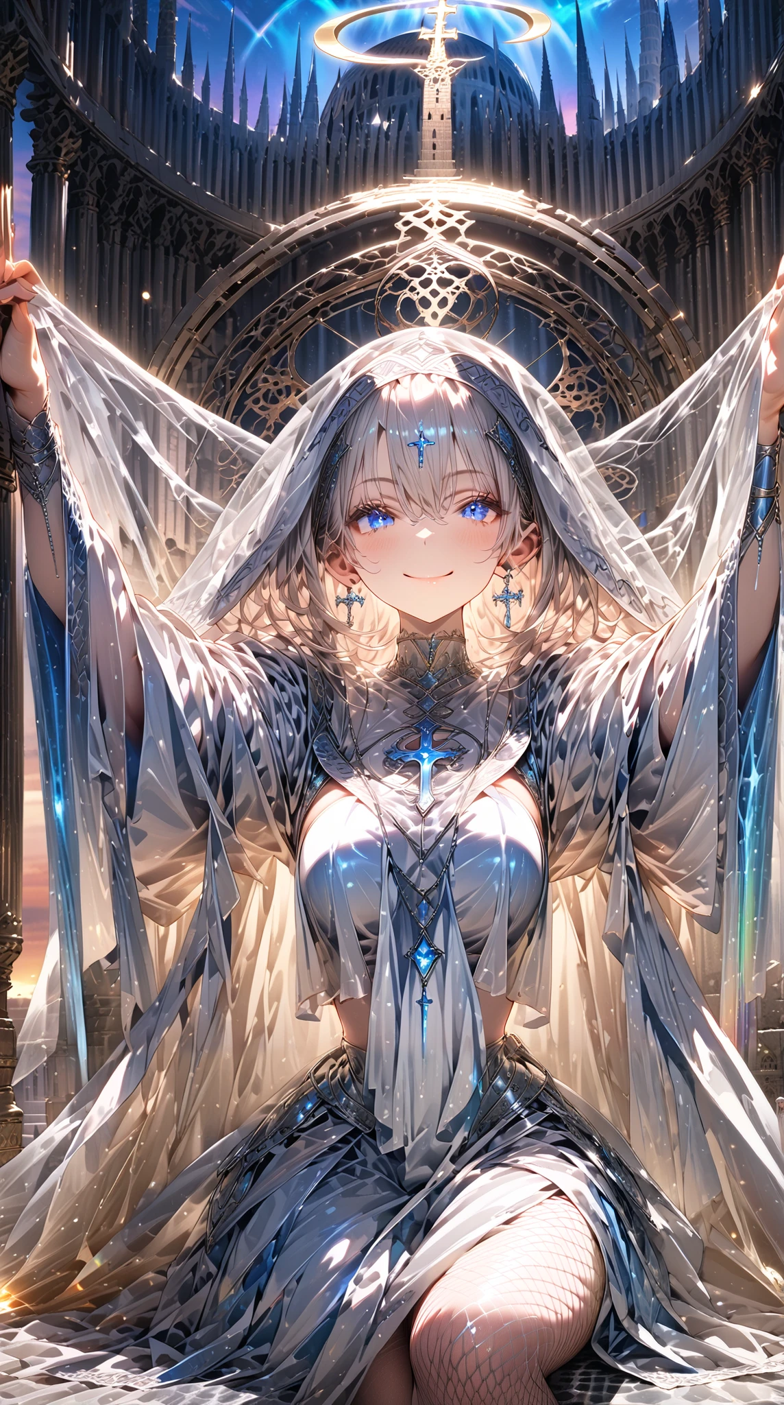 (( Masterpiece, high image quality ,8k)),(( very detailed , perfect picture)),( perfect anatomy),(( Anatomically Accurate Hands )),((cowboy shot)),ultra detailed,(symmetrical background),Blue and white, artemis, Priest ,White clothes,(Mesh clothing),((sit on throne)),long fishnet tights ,(big veil),((一人のadultの女性)),adult,(slender), white hair,god々Shii,Smile,(hime_cut),(bow),((White Tower)),Outdoors,(large marble ground),((sound)),( crescent)(Spread your arms up ), breasts, blue eyes,Female,((Clear sky background)),( rainbow aura in a white net),Silence