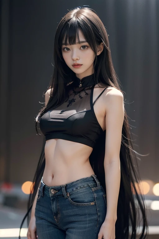 A girl wearing black tanktop, devil horn on her head, red pupil, red lips, black hair with partially white