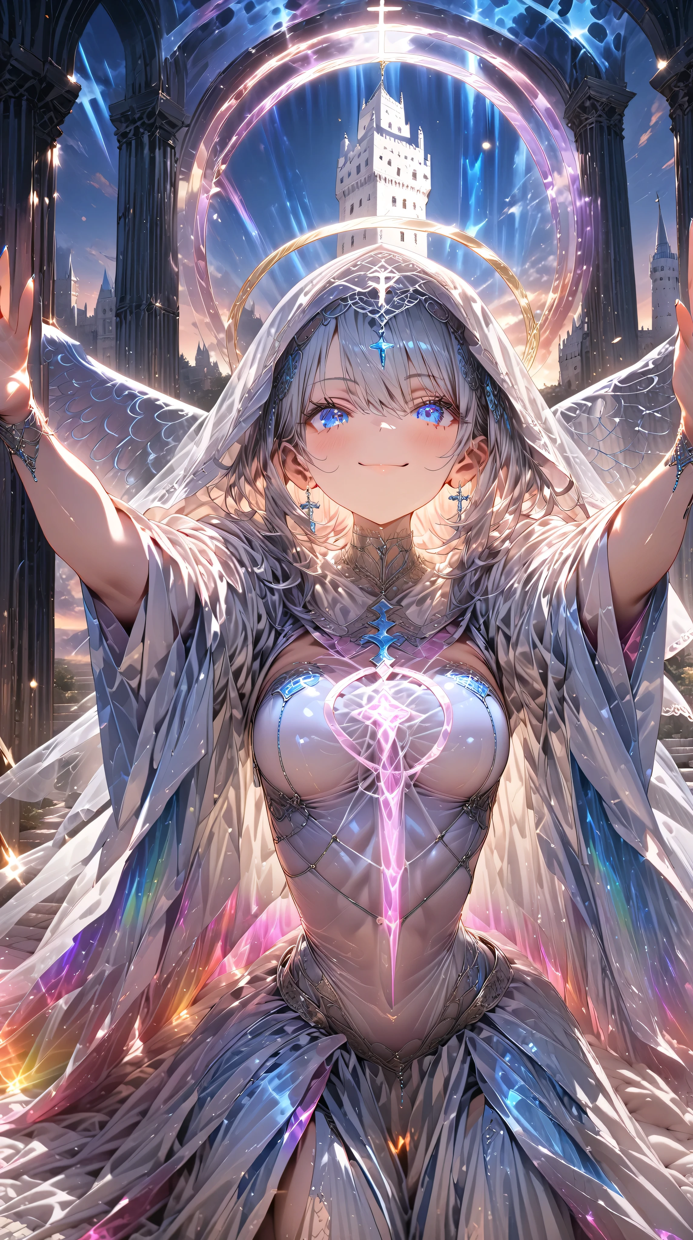 (( Masterpiece, high image quality ,8k)),(( very detailed , perfect picture)),( perfect anatomy),(( Anatomically Accurate Hands )),((cowboy shot)),ultra detailed,(symmetrical background),Blue and white, Artemis, Priest ,White clothes,(Mesh clothing),((sit on throne)),long fishnet tights ,(big veil),(( one adult woman)),adult,(slender), white hair,god々Shii,Smile,(hime_cut),(bow),((White Tower)),Outdoors,(large marble ground),((sound)),( crescent)(Spread your arms up ), breasts, blue eyes,Female,((Clear sky background)),( rainbow aura in a white net),Silence