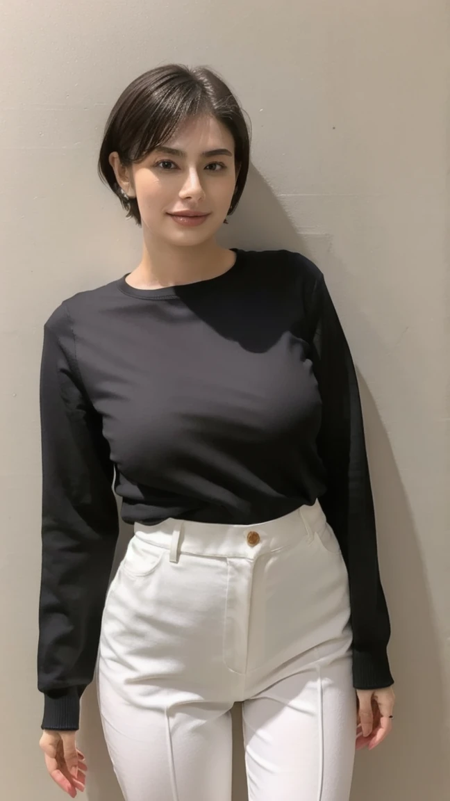 Japanese women,Serious expression, ((Full body photography)), (Walking), Shot from the right side, Looking at this, Black Hair, alone, Semi-long hair, In the office, 50 years old, Nasolabial folds, Realistic shapes, Full body photography, slightly plump figure:1.1, Flat Chest:1.8, Business look, (white, Collared shirt, Short sleeve), (Tight skinny pants, gray), pumps, Earrings, necklace