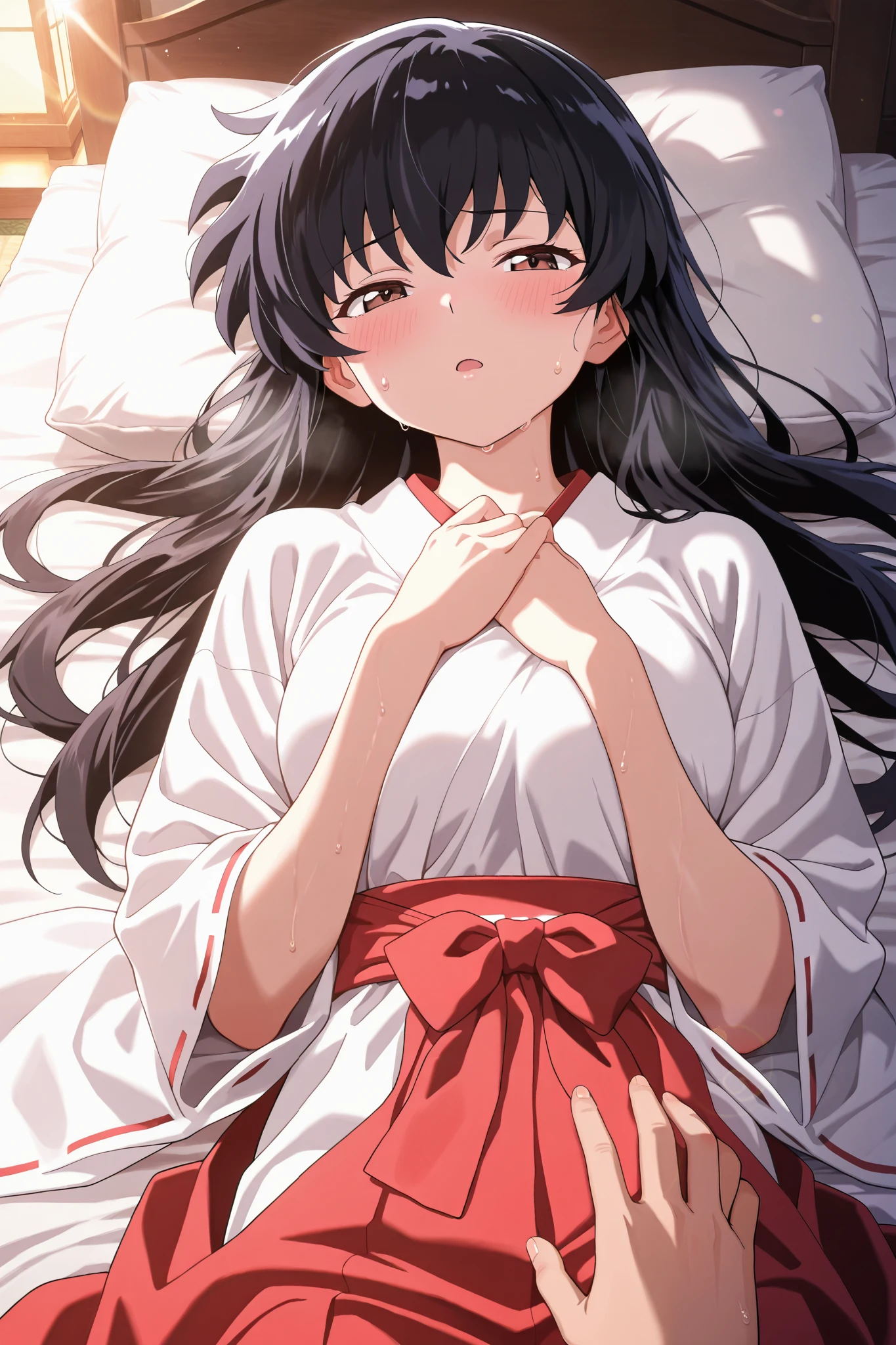 solo, 1girl, anime, 1girl, kagomehigurashi, bangs, black hair, long hair, brown eyes,
Shrine maiden clothes, open Japanese clothes,Looking At Viewer, open mouth,
bedroom, indoor, Lying on bed, lying down, closed mouth, narrowed eyes, blushing, sweating, upper body, one hand on pillow,
strong backlight, beautiful sunlight, beautiful lighting, lens flare, light leak, Touching illustrations, touching, emotional, like a scene from a movie,beautiful art, beautiful illustrations, best art, beautiful art, amazing art, amazing illustrations, masterpiece,best quality,amazing quality,very aesthetic,absurdres,newest,