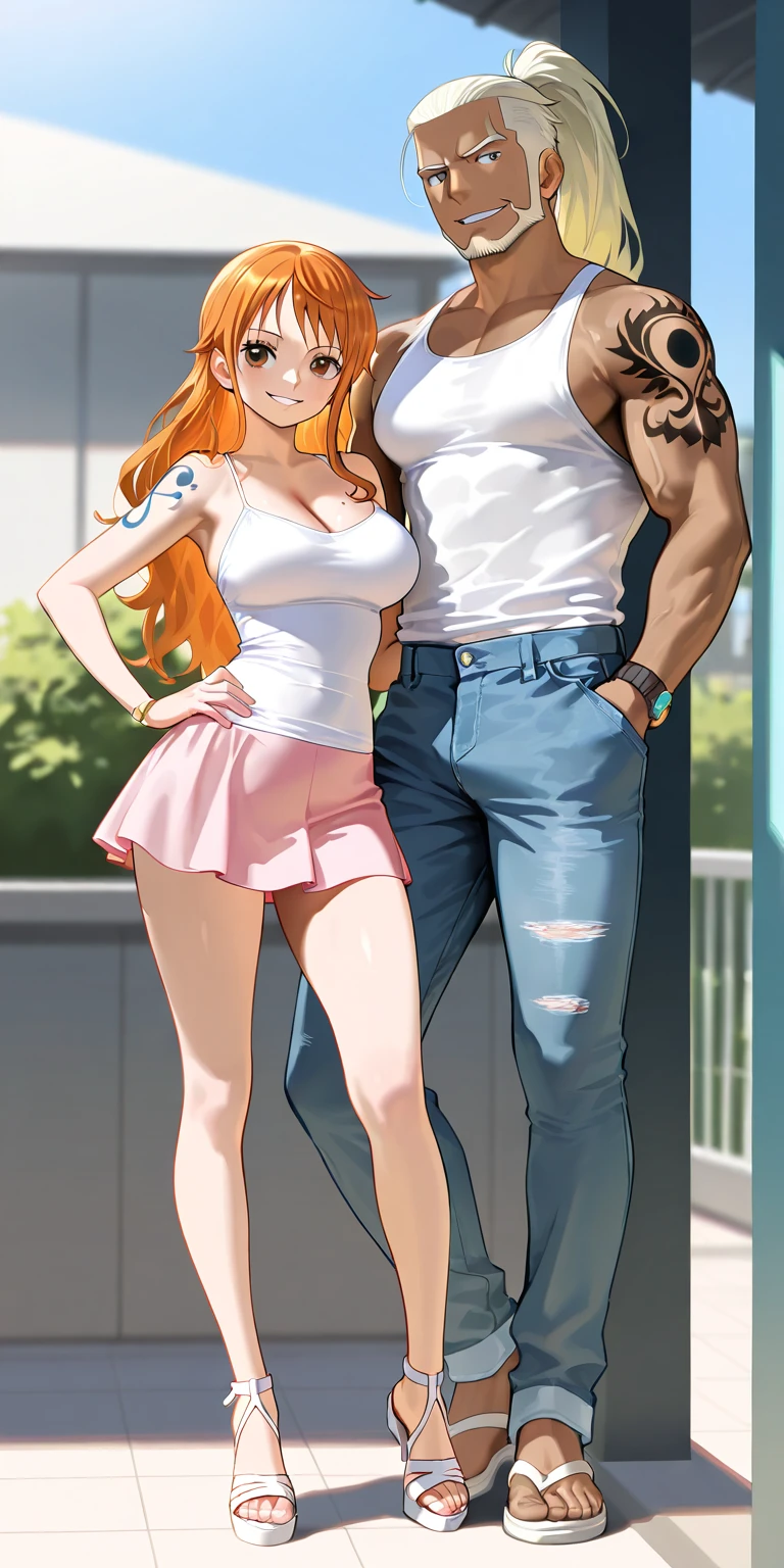 score_9, score_8_up, score_7_up, source_anime BREAK, anime screencap, Nami, orange hair, long hair, big breasts, pink tank top, short pants, embarrassed_female, 1boy, muscle_male, faceless male, male face out of frame, size difference, white T-shirt, netorare, sitting sofa, hotel, side by side, from front