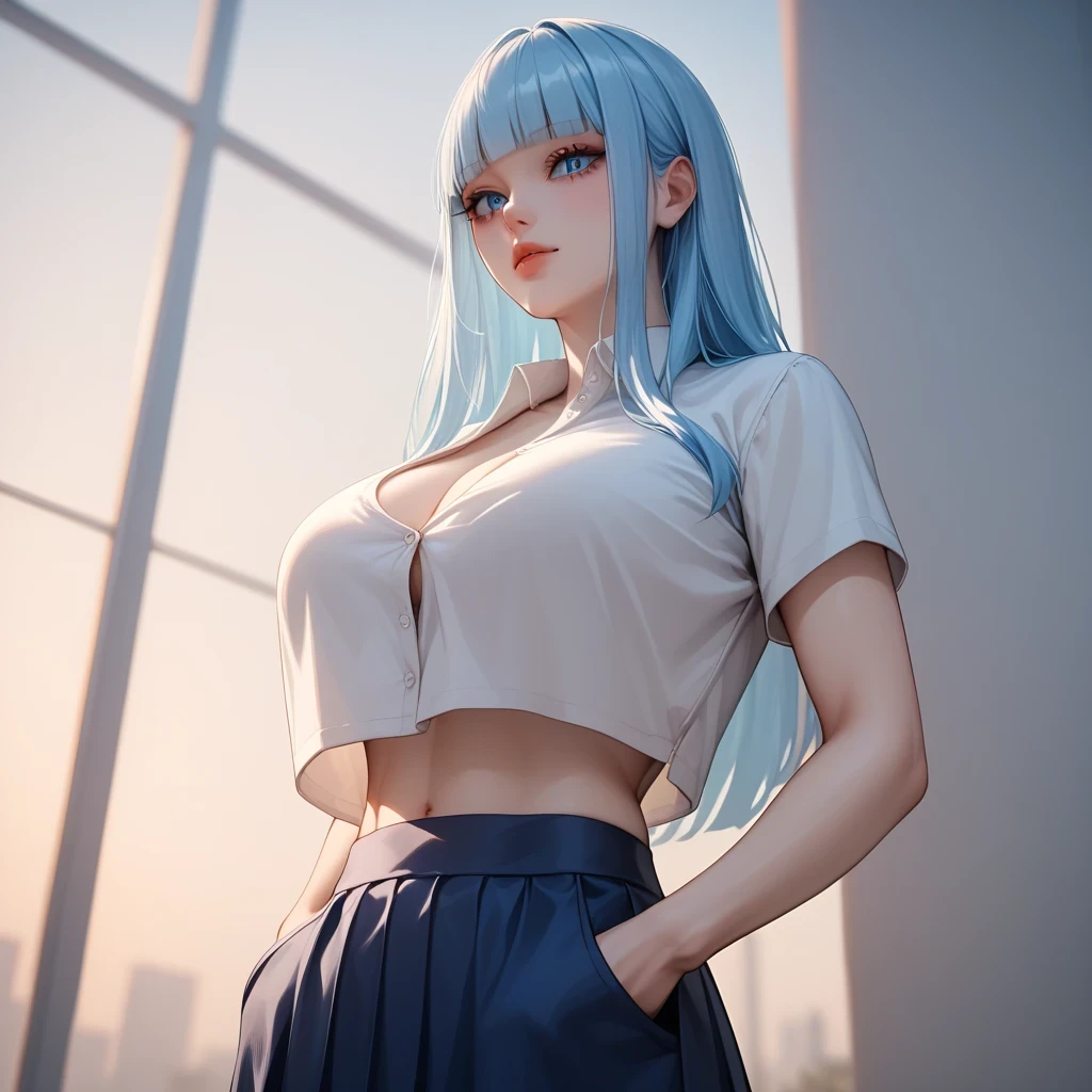 Light blue hair、 Top Quality、 Masterpiece、( professional lighting )、 surreal、 (Nipples:0.4), is fascinating、 figure like a slender supermodel、 1 girl, (dynamic angle, face focus, looking side), (slightly larger breasts, midriff peek ), ( flat at honny , oily skin ), (Bright, beautiful blue eyes , ((hime cut,long hair, )), (slit skirt ,((polo shirt))) cleavage visible , ( beautiful face squinting in bright light ), knee-high socks, hands in pockets