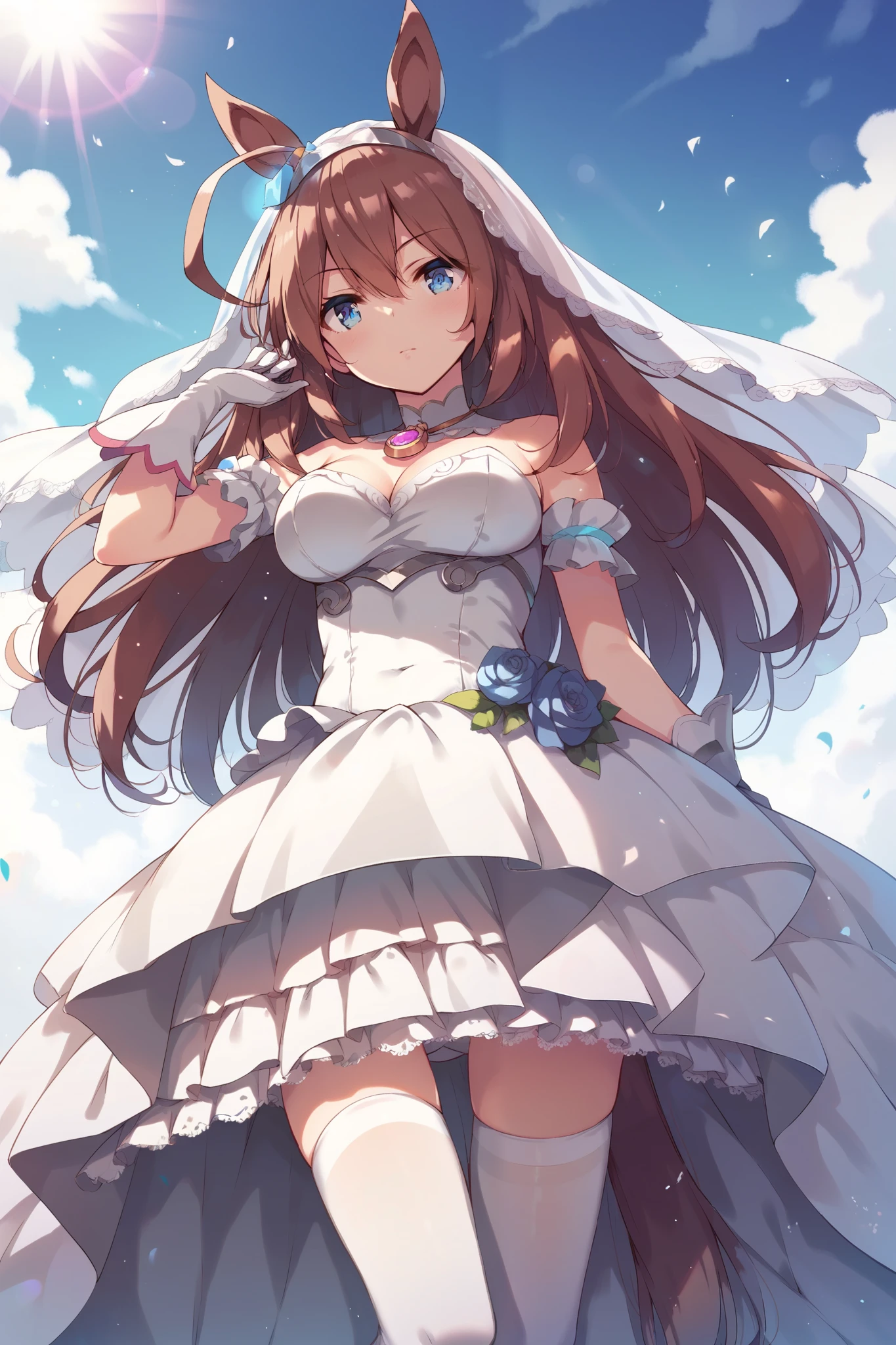 (score_9,score_8_up,score_7_up,score_6_up),(tomose),(takeda hiromitsu),masterpiece, best quality, , absurdres, mihono bourbon \(umamusume\), 1girl, horse tail,wedding dress, white dress, horse ears, white Thighhighs, veil, closed mouth, white gloves,white leotard, blue sky,sun,cowboy shot,light rays,lens flare,light particles,dynamic pose,dynamic angle,