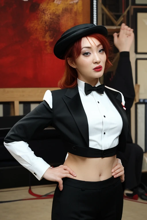 Portrait photo of k4t5umi , red hair, ( foreground :1.2), High key, studio, with a tuxedo and a bowler hat