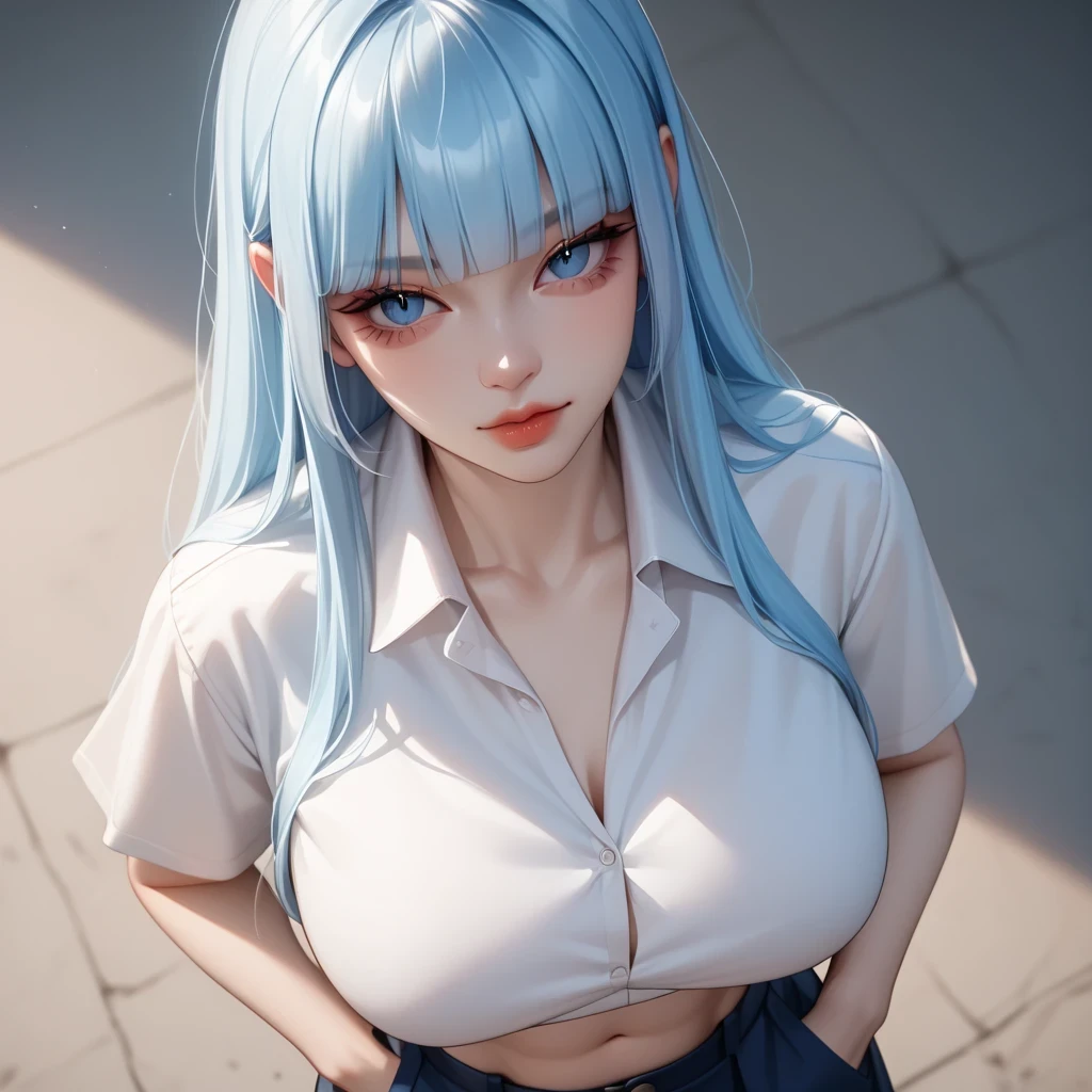 1girl, star eye, blush, perfect illumination, blue hair, red eyes, unreal engine, sidelighting, detailed face, bangs, bright skin, simple background, dark background, upon body from head to thighs, realistic big breasts, nude
