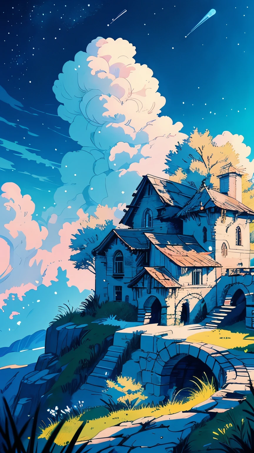 A breathtaking anime-style landscape with a vast, radiant blue sky filled with dramatic, fluffy white clouds. Sunlight streams through the clouds, creating luminous rays that illuminate the entire scene. Below, a sprawling cityscape is visible, shrouded in soft mist for a sense of scale and depth. A magical, serene atmosphere is evoked with shooting stars or glowing meteors falling gently from the sky. Vibrant greenery in the foreground adds contrast and life to the composition. Highly detailed, ultra high-definition, and vibrant colors emphasizing the depth of the clouds and the brilliance of the sky.





