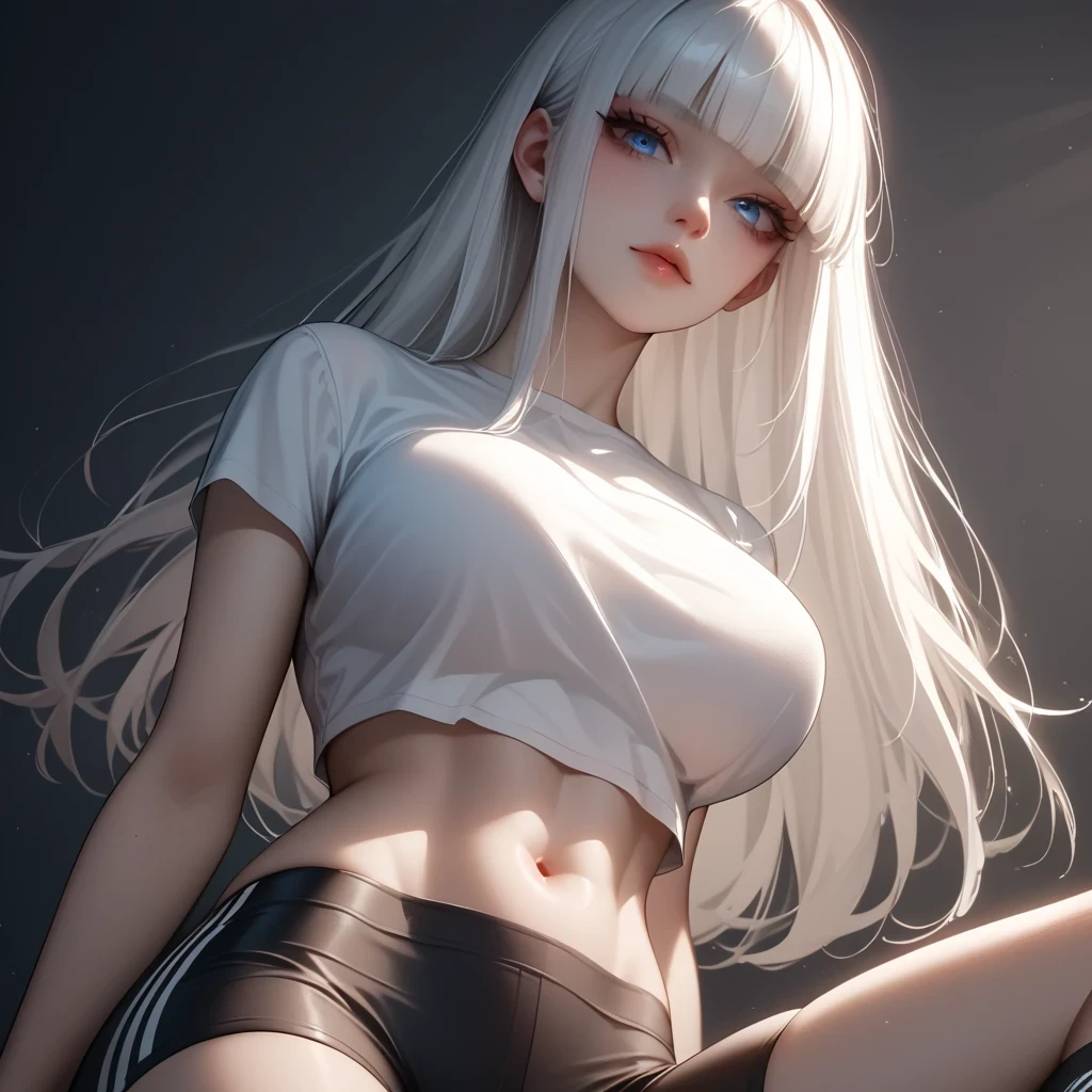 (tmasterpiece, hiquality, beste-Qualit, official arts, Beautiful and aesthetically pleasing: 1.2), (1 girl), Extremely detailed, (s fractal art: 1.3), Colorful, As detailed as possible, large natural breast, Very large green eyes, faint smile, Developing hair, A shot between the hair, gap between the thighs, panties retracted into, (high skin detail: 1.2), (Best: 1.0), perky breasts, outstanding , (White long t-shirt and thong:1.3), (white colored hair:1.2), photo from the back, sits on knees, in sneakers,