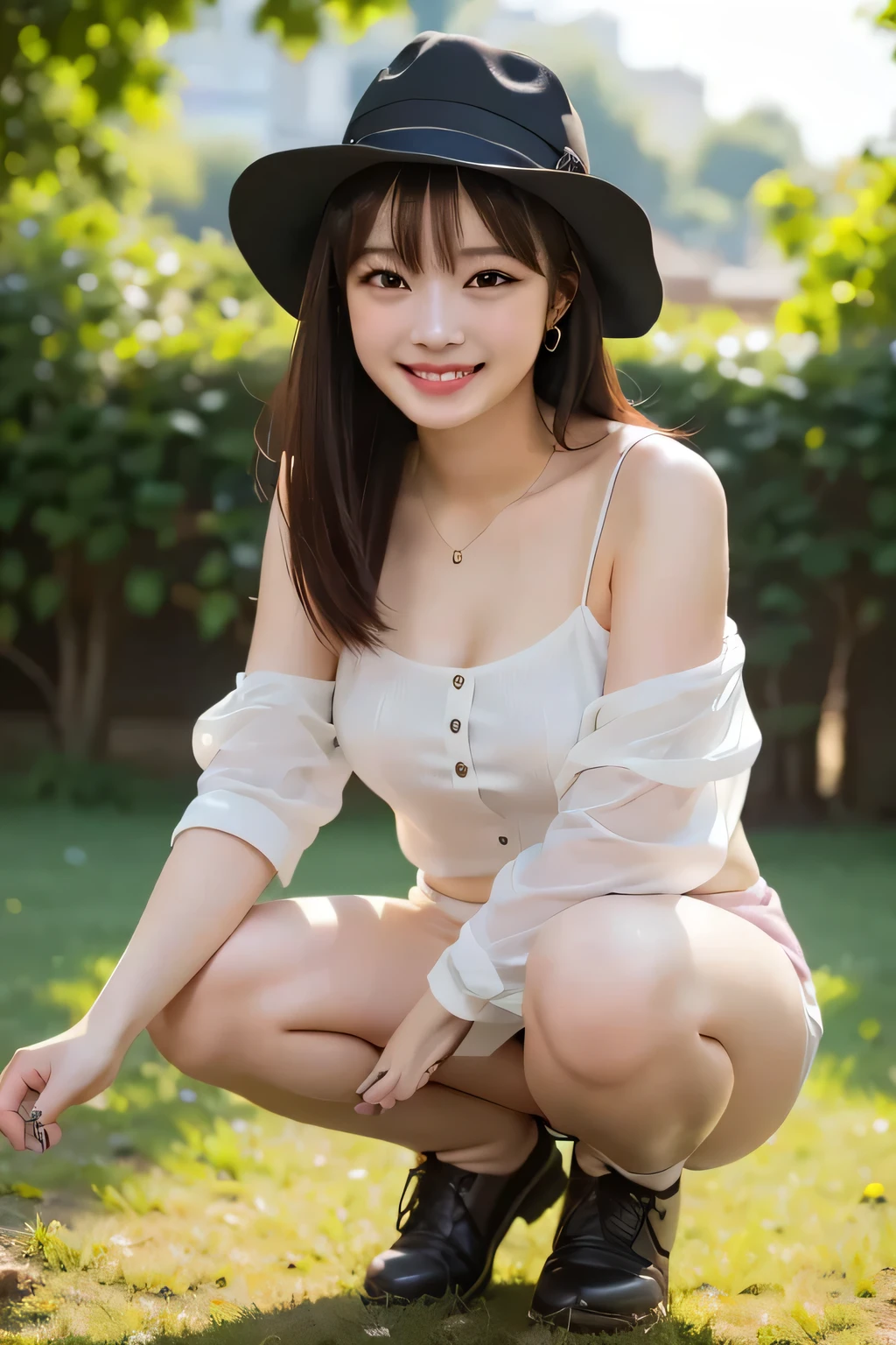 8k, RAW photo, best quality, masterpiece, realistic, photo-realistic, clear, professional lighting, beautiful face, best quality, ultra high res, (a girls::squat, wearing a hat and smiling for the camera), girl, dau-al-set , a stock photo