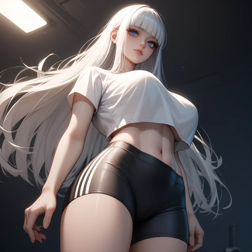 ((Thick dark hair ))、(White inner hair ), Top Quality、 Masterpiece、( professional lighting )、 surreal、 (Nipples:0.4), is fascinating、 figure like a slender supermodel、 1 girl, (dynamic angle, face focus, looking side), (slightly larger breasts, midriff peek ), ( flat at honny , oily skin ), (Bright, beautiful blue eyes , ((hime cut,long hair, )), ( black bike shorts,(( punk style fashion))) , ( beautiful face squinting in bright light ), knee-high socks