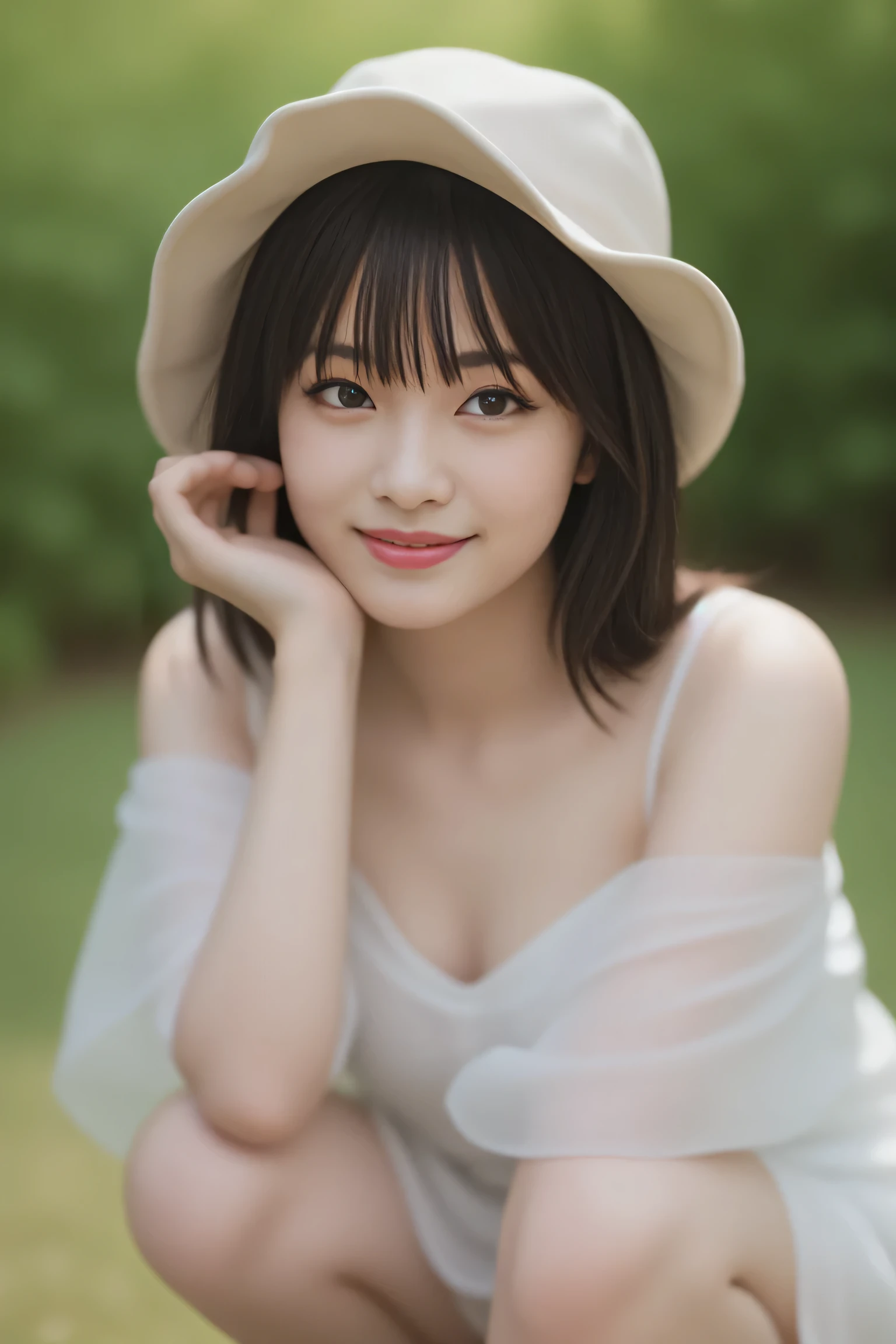 8k, RAW photo, best quality, masterpiece, realistic, photo-realistic, clear, professional lighting, beautiful face, best quality, ultra high res, (a girls::squat, wearing a hat and smiling for the camera), girl, dau-al-set , a stock photo,{{natural makeup}},{{{{ {{{Large double eyelids}}},{{Tear bags}},{{{long eyelashes}}},{{ Mascara }},{{ False 
eyelashes }},,{{{eyeshadow}},{{lipstick}},{{}},,{ face focus,}

	

