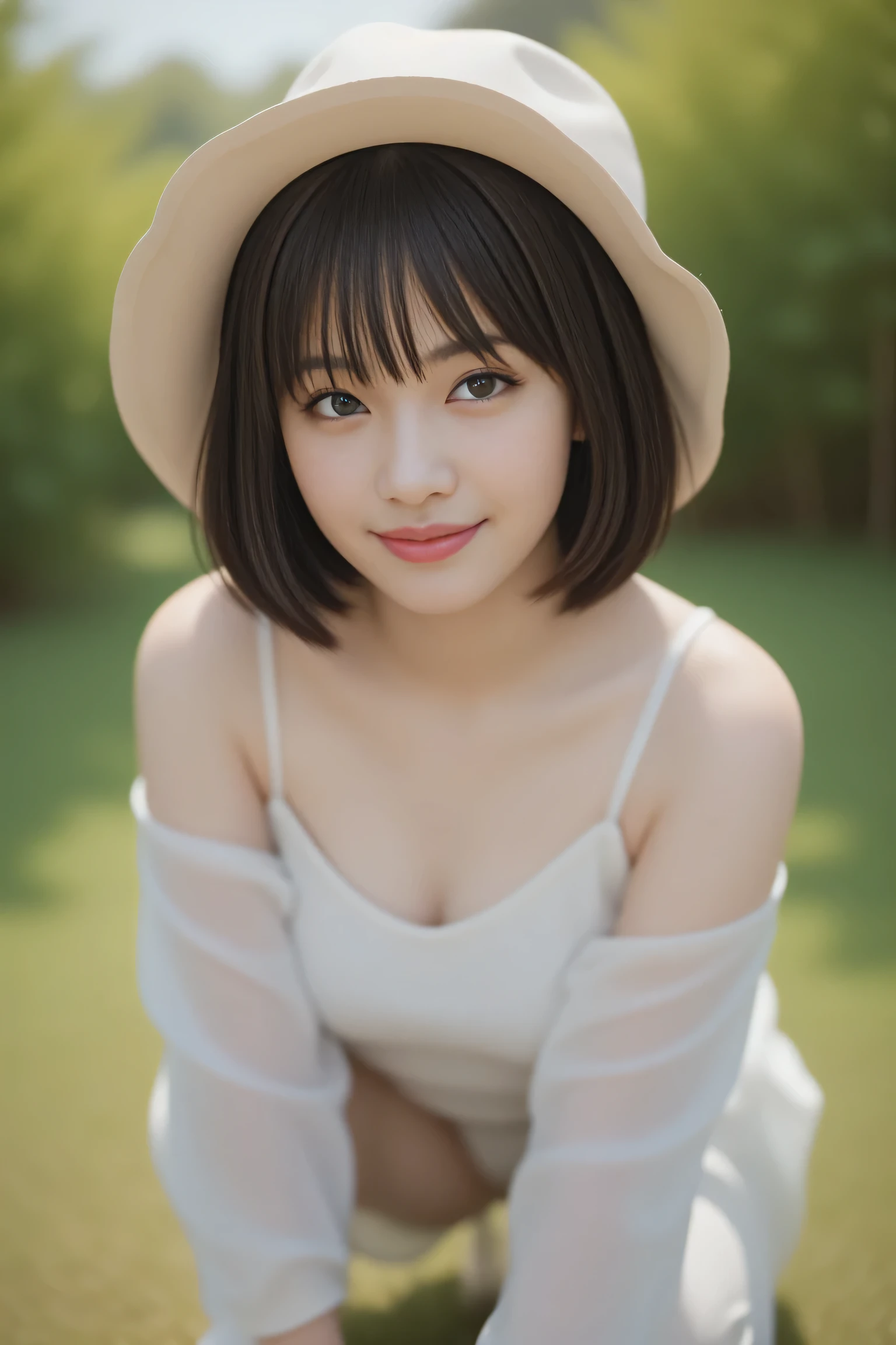 8k, RAW photo, best quality, masterpiece, realistic, photo-realistic, clear, professional lighting, beautiful face, best quality, ultra high res, (a girls::squat, wearing a hat and smiling for the camera), girl, dau-al-set , a stock photo,{{natural makeup}},{{{{ {{{Large double eyelids}}},{{Tear bags}},{{{long eyelashes}}},{{ Mascara }},{{ False 
eyelashes }},,{{{eyeshadow}},{{lipstick}},{{}},,{ face focus,}

	
