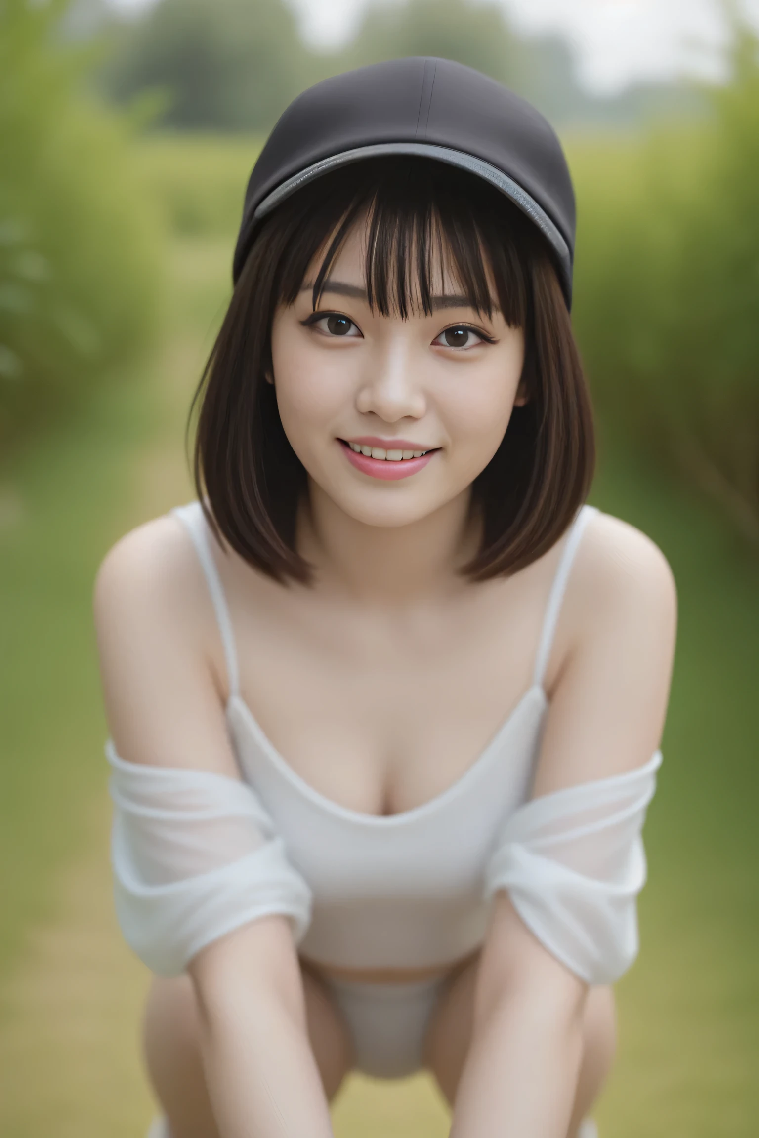 8k, RAW photo, best quality, masterpiece, realistic, photo-realistic, clear, professional lighting, beautiful face, best quality, ultra high res, (a girls::squat, wearing a hat and smiling for the camera), girl, dau-al-set , a stock photo,{{natural makeup}},{{{{ {{{Large double eyelids}}},{{Tear bags}},{{{long eyelashes}}},{{ Mascara }},{{ False
eyelashes }},,{{{eyeshadow}},{{lipstick}},{{}},,{ face focus,}