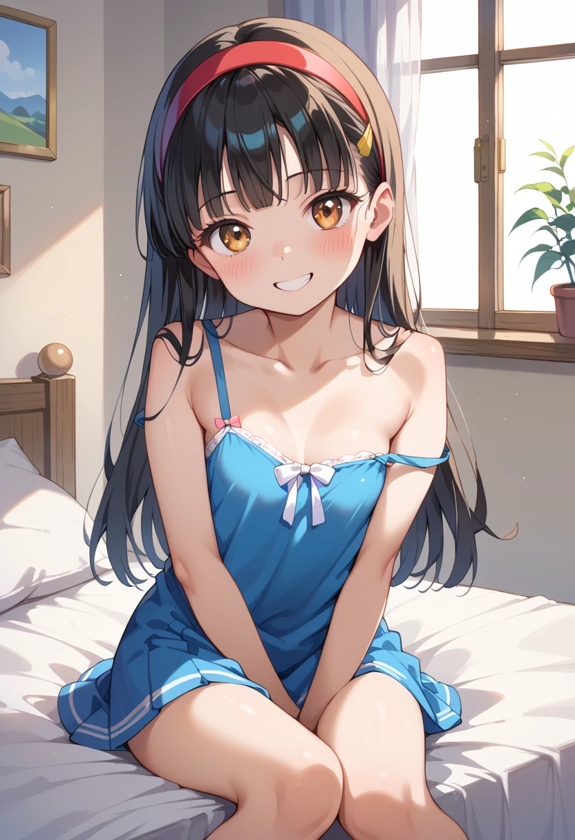 masterpiece、Highest quality、Very detailed))、One girl、Black Hair、Black Hair、twintails、blunt bangs、Grey Eyes、evil smile、((Small breasts))、((white camisole))、((light blue Polka dot pajamas))、barefoot、wariza、Sit flat、On the bed、Bedroom Background