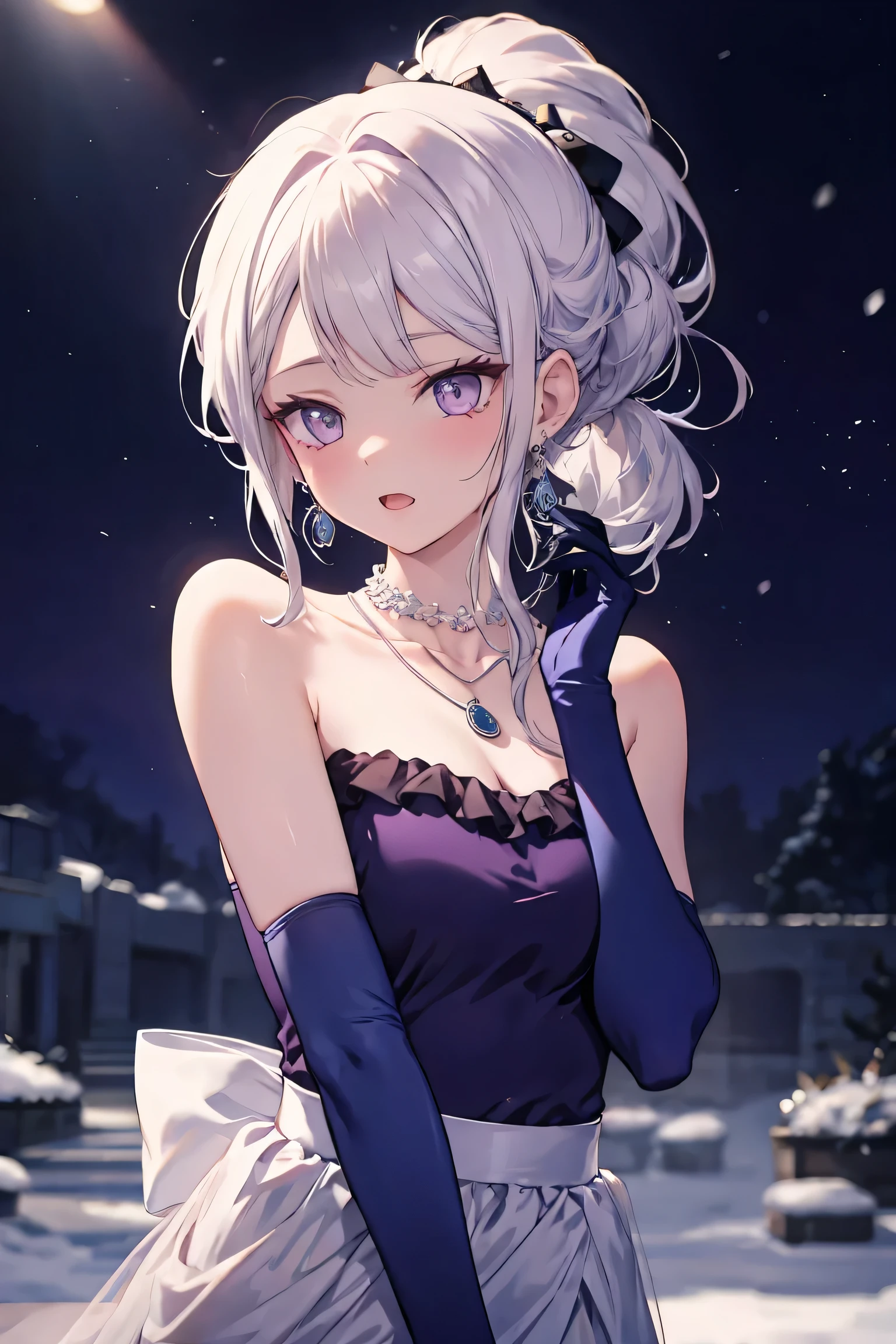 masterpieces, Best Quality ,other, 1 girl , lonely, Look at the audience, shy, Open your mouth, split bangs , hair accessories , Side lock, , a ponytail hairstyle , elbow gloves , ชุดเดรสออฟshoulder, radius, **shoulder, necklace, necklace, earring, Alternative Clothing , ( big breasts:1.55),( snow-covered breasts :1.5)