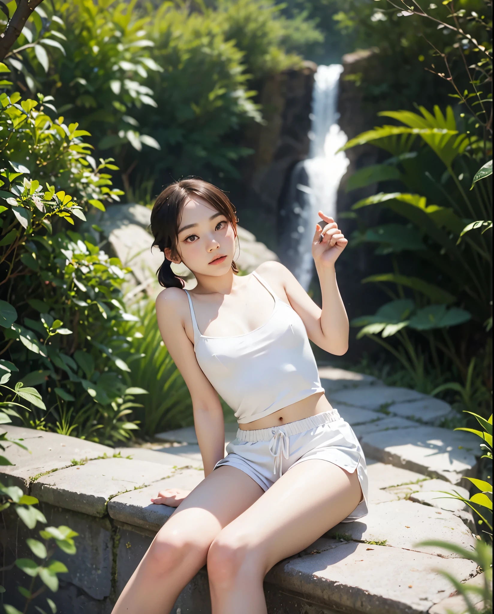 (ambient light:1.3), (cinematic composition:1.3), (neon lights:0.1), (fully-grown adult body), (standing), (1girl), (30-year-old-looking female), (pale skin), (black hair), ((pigtail:1.2)), (black eyes), (thick thighs), (HDR:0.1), (front bangs:1.25), (black eye-liners), (black eyes), (flat busts:2.0), (solo), (blush:0.5), detailed skin, (topless), (nude), (facing forward), cameltoe view, (dolphin shorts), (cameltoe)