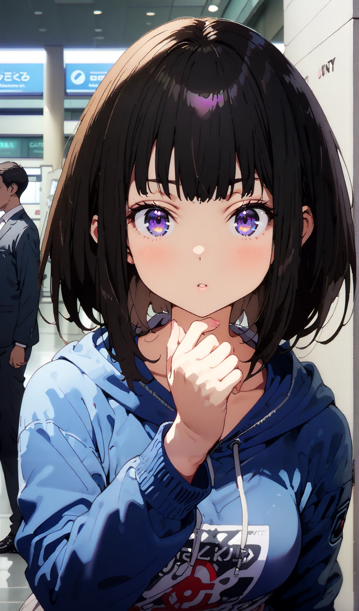 Takiuchikami, check it out, long short hair , bob cut, bangs, black hair, purple eyes,Medium breast,Blue oversized hoodie , white long skirt, Bbo~, suitcases, standing,whole bodyがイラストに入る入るように,
break indoors,airport,lobby,
break looking at viewer,whole body,
break ( Masterpiece:1.2), top quality , kampala, Unity 8k Wallpaper,(shape:0.8),( fine, beautiful eyes :1.6),It's a person ,whole body写真,CG Details , ( perfect hands, Complete Anatomy),