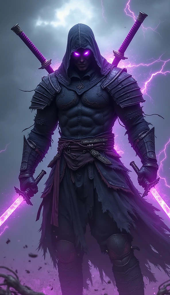Dark male Sith lord with glowing yellow eyes, with long, wavy, messy black hair, with samurai bun. Wearing a black cape and dark metal belt and silver bracelets and shoulder pads...His heavily scarred chest is exposed beneath his black cloak. In an attack pose he holds a purple lightsaber.