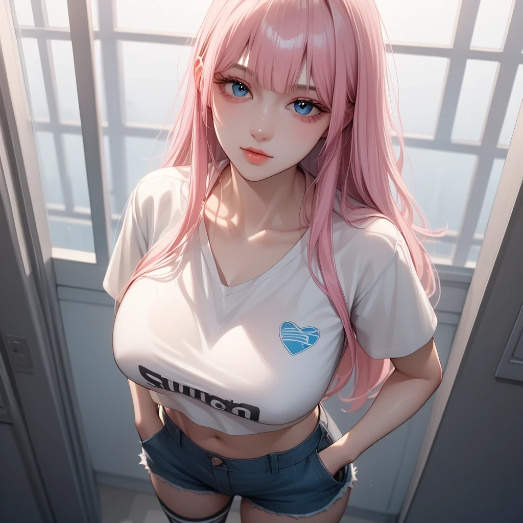 masterpiece, best quality, high resolution, extremely detailed, cinematic lighting, 1girl, looking at viewer, cute, medium breasts, pink hair, medium hair, blue eyes, buruma, gym uniform, gym storeroom, embarrassed, shy, looking at viewer, navel, sweatdrop, blush, sunlight, shadow