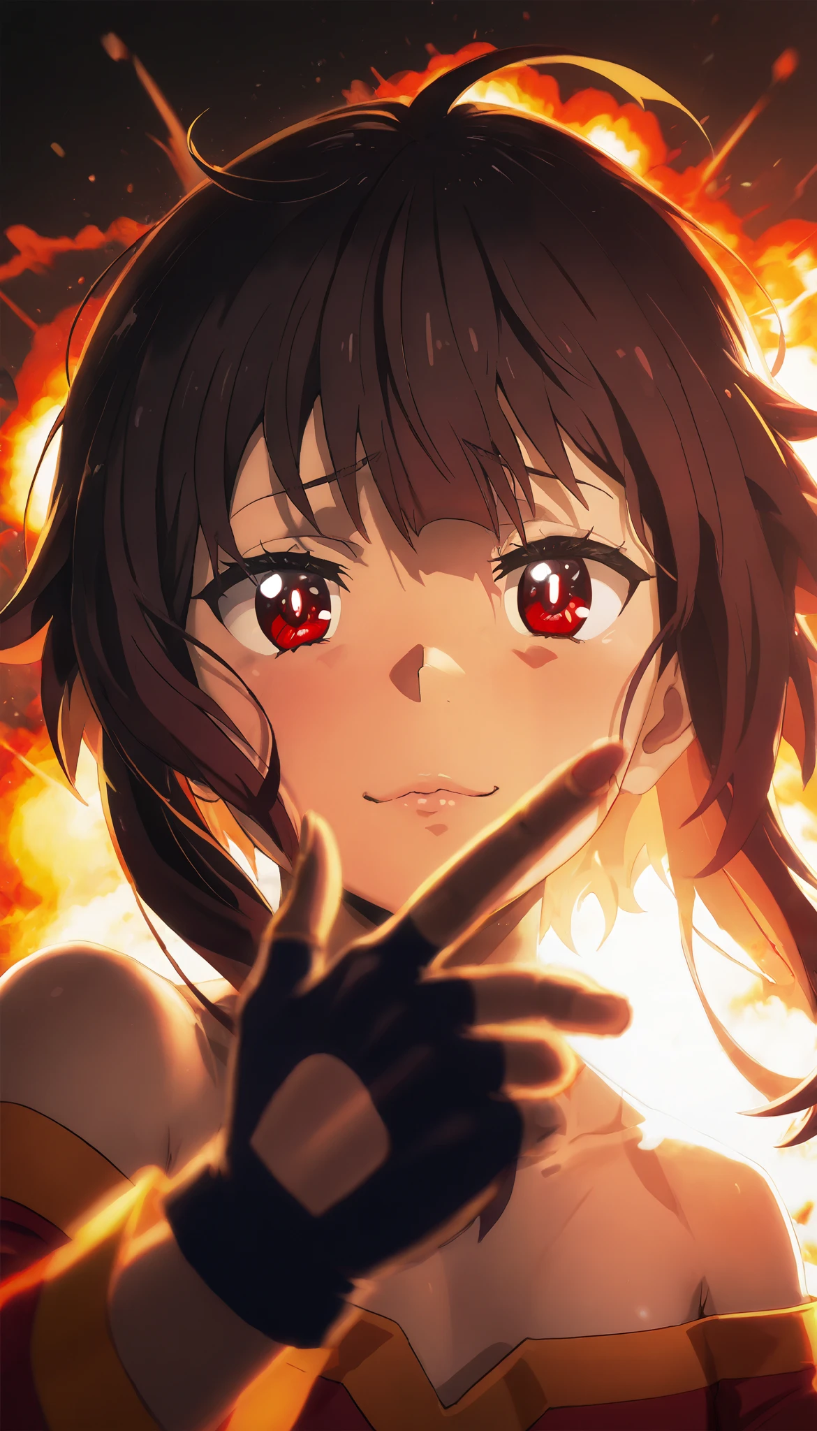 Konosuba ,( megumin), pointing the finger at the spectator,Explosion of background , looking at the spectator, from the front, red eyes,ojos rounds,, round,rear lighting,Confiansa , slight smile , full body, HIGH CONTRAST, dramatic lighting , melancholic atmosphere , erotic, sensual, Explícita, suggestive, beautiful detailed eyes , beautiful detailed lips , extremely detailed face , long eyelashes, seductive expression , provocative pose, dynamic composition ,