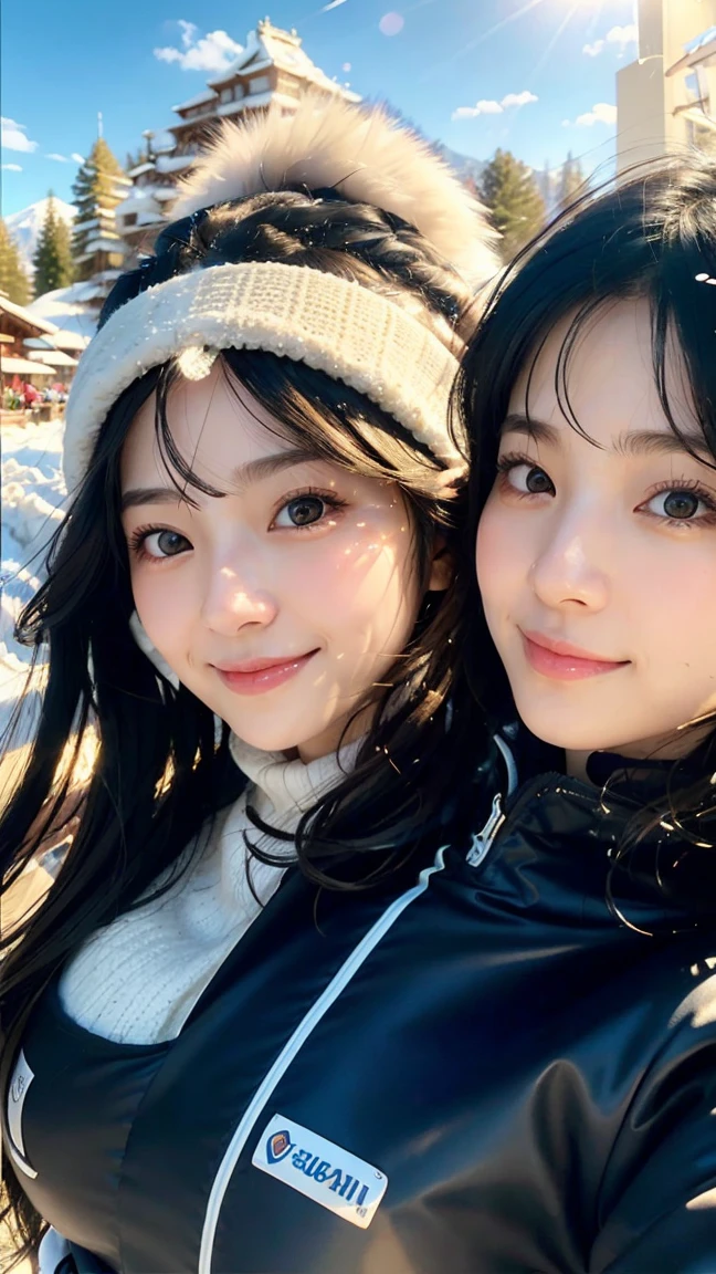 (of the highest quality,Masterpiece:1.3,ultra alta resunución),(super detailed,Caustics,16k),(photorealistic:1.4,raw shot),Ultra-realistic capture,closeup of human skin,natural skin texture,The pores are detailed enough to be easily identified.,Healthy skin and even tone.,Use natural light and color.,18 years,Japanese,beautiful,ski clothing,long black fur,Smiling and looking at the camera,big breasts, clavicle, shot from the waist up,(facial focus:1.2),Upper part of the body,(Low position:1.3),(low angle:1.3),(Ski resort),sun,Lens flare,blue sky,united_dicephalus, (Two heads:1.3)