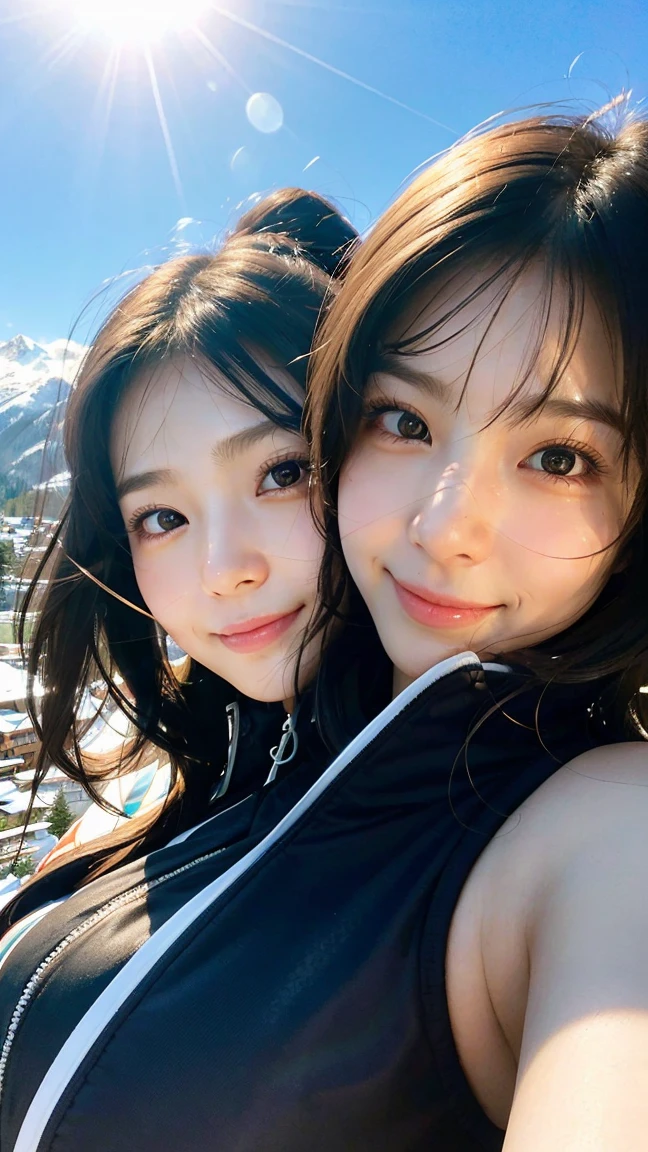 (of the highest quality,Masterpiece:1.3,ultra alta resunución),(super detailed,Caustics,16k),(photorealistic:1.4,raw shot),Ultra-realistic capture,closeup of human skin,natural skin texture,The pores are detailed enough to be easily identified.,Healthy skin and even tone.,Use natural light and color.,18 years,Japanese,beautiful,ski clothing,long black fur,Smiling and looking at the camera,big breasts, clavicle, shot from the waist up,(facial focus:1.2),Upper part of the body,(Low position:1.3),(low angle:1.3),(Ski resort),sun,Lens flare,blue sky,united_dicephalus, (Two heads:1.3)