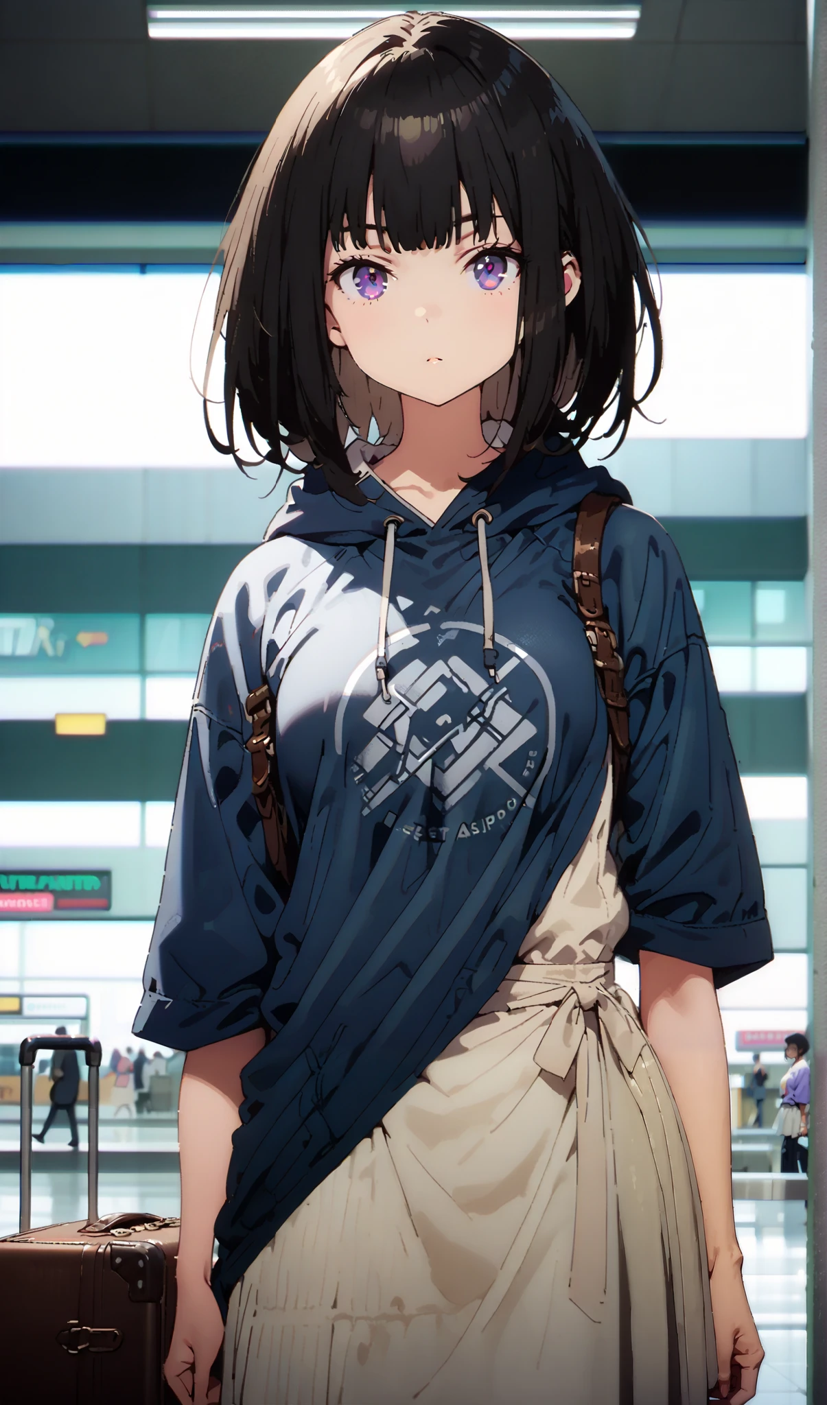 Takiuchikami, check it out, long short hair , bob cut, bangs, black hair, purple eyes,Medium breast,Blue oversized hoodie , white long skirt, Bbo~, suitcases, standing,whole bodyがイラストに入る入るように,
break indoors,airport,lobby,
break looking at viewer,whole body,
break ( Masterpiece:1.2), top quality , kampala, Unity 8k Wallpaper,(shape:0.8),( fine, beautiful eyes :1.6),It's a person ,whole body写真,CG Details , ( perfect hands, Complete Anatomy),