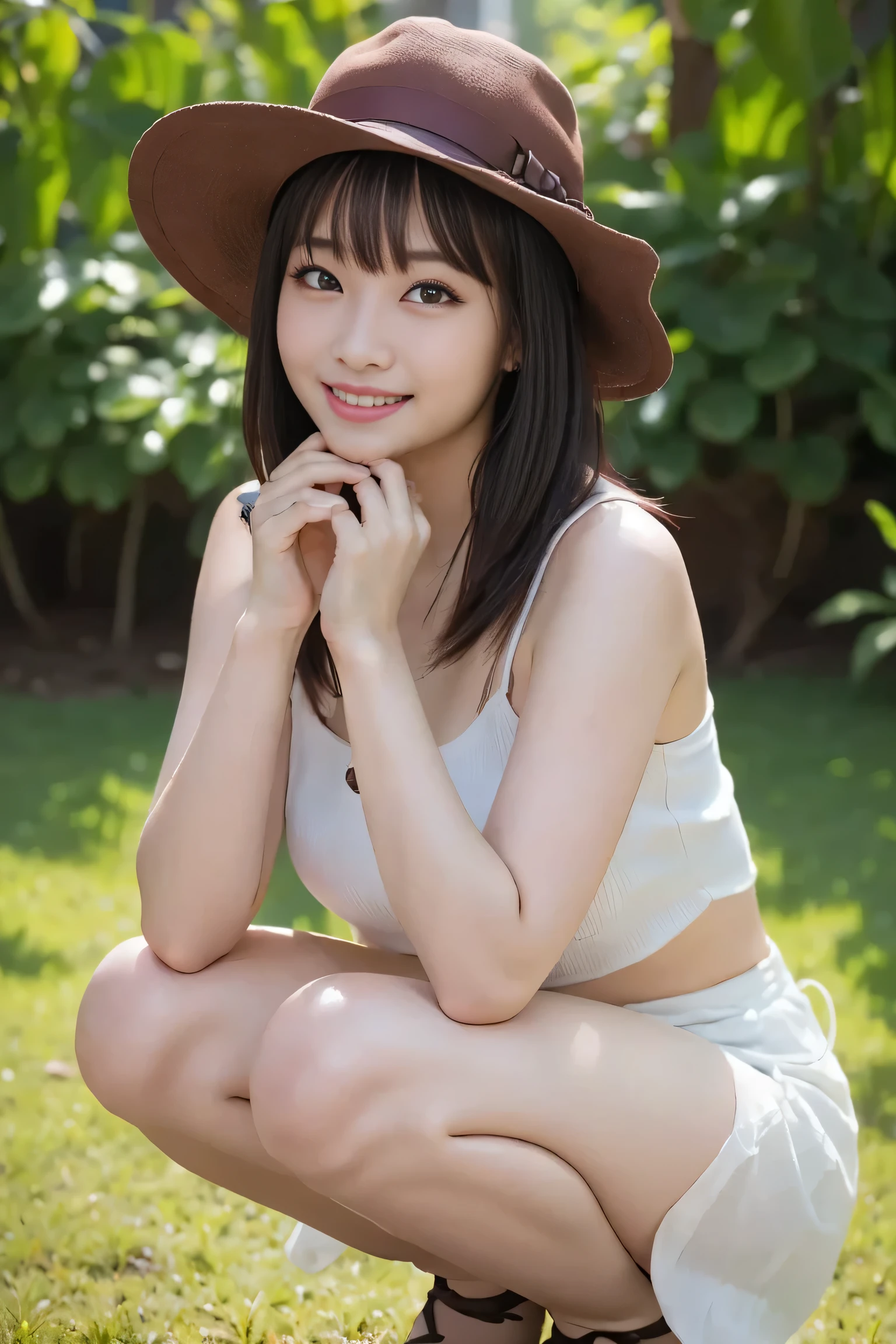8k,  RAW Photo,  top quality,  Masterpiece,  by Nomi, photo- by Nomi,  clear ,   Professional Lighting ,  beautiful face,  top quality,  ultra high resolution, {{(a single girl:（Double Eyes ： mascara：）: Squat, Wear a hat and smile at the camera),  girl, Double Al Set}} , Stock Photo