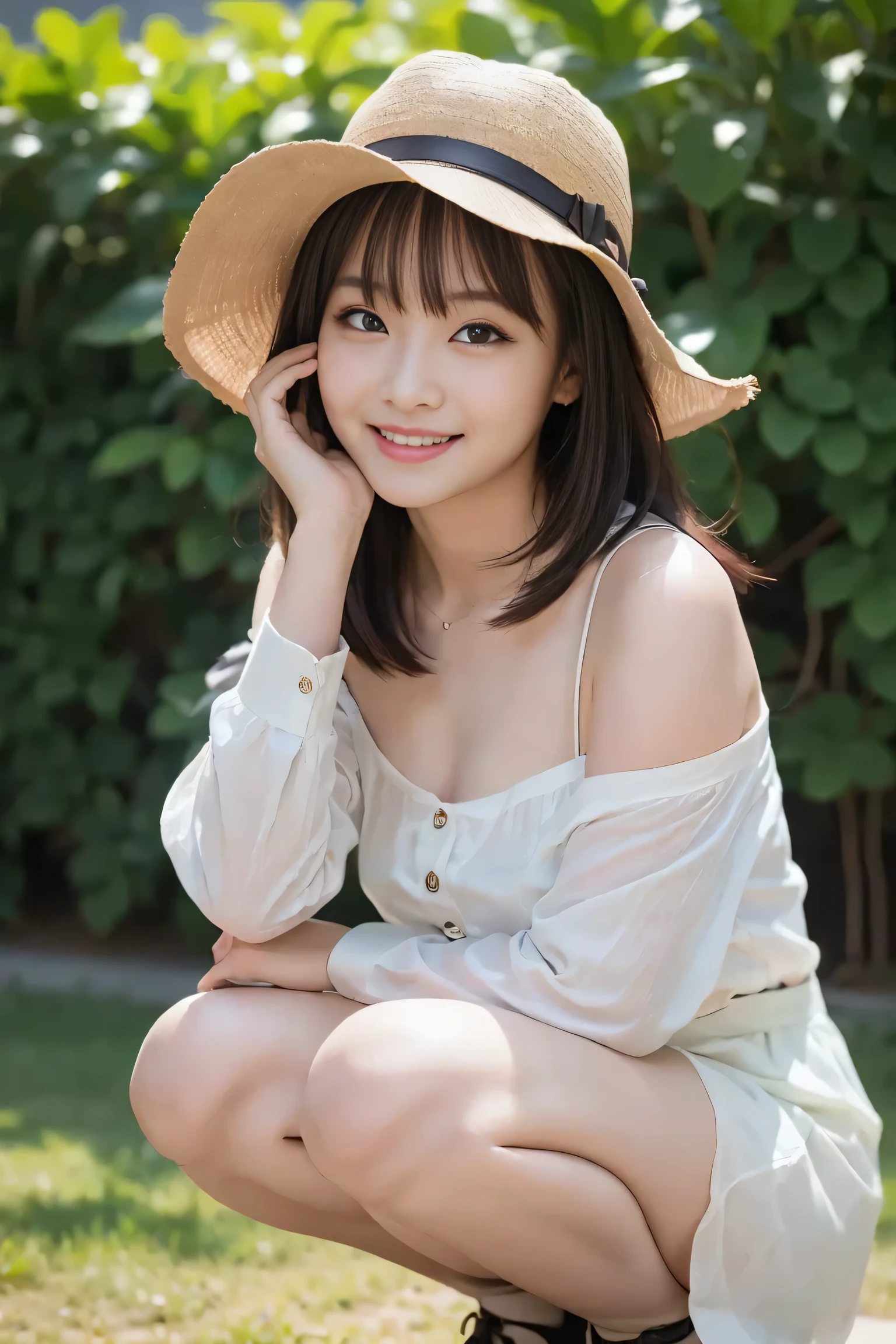 Highest quality、masterpiece、Ultra-high resolution、、Clear photos、very cute、beautiful girl、very cute、Baby Face、Beautiful and delicate skin、smile、Wearing a white tank top、Wearing hot pants、Berry Short Cut、Wear a straw hat、thin、(Small breasts:1.6、Flat Chest:1.6)、Large erect nipples、(Leaning forward:1.8、Her cleavage is visible:1.6)、Tight waist、Full body photo、grassland、Lakeside