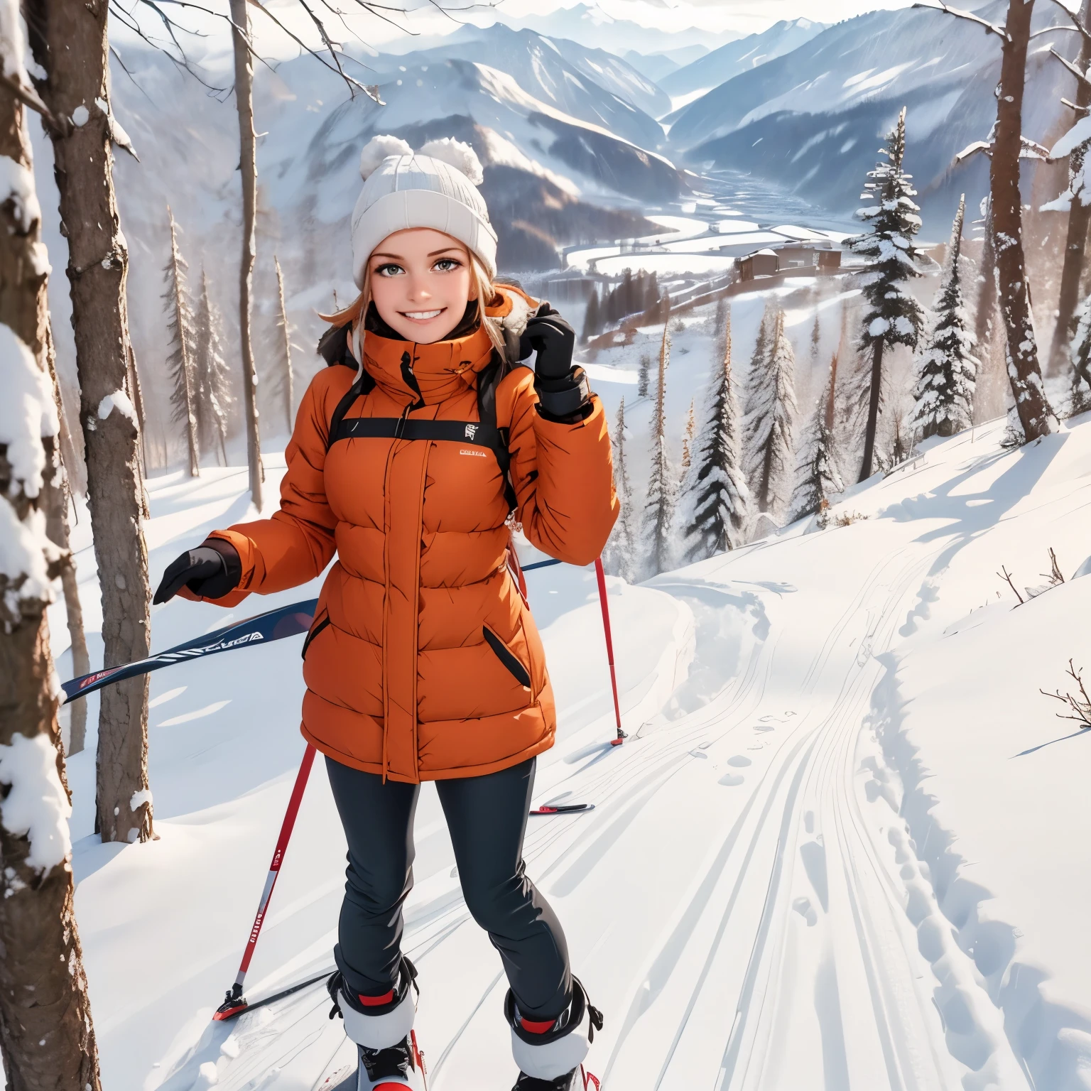 beautiful girl, on a ski slope getting ready to go down a snowy slope, very happy, happy moments. winter clothes as a skier, beautiful winter landscape