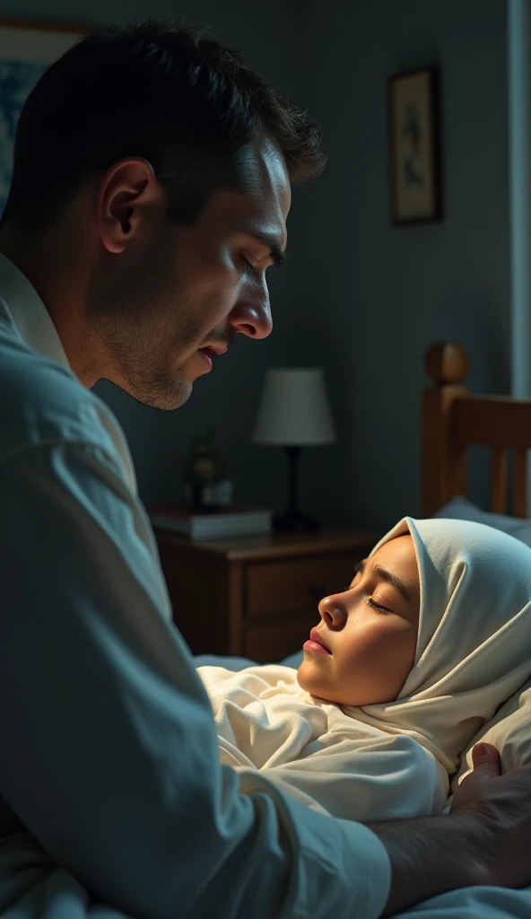 3d cartoon. a 50 year old woman wearing ancient Turkish clothes was crying in front of the body of a 50 year old man. inside his house. with a simple Turkish-style interior and dim, cinematic lights