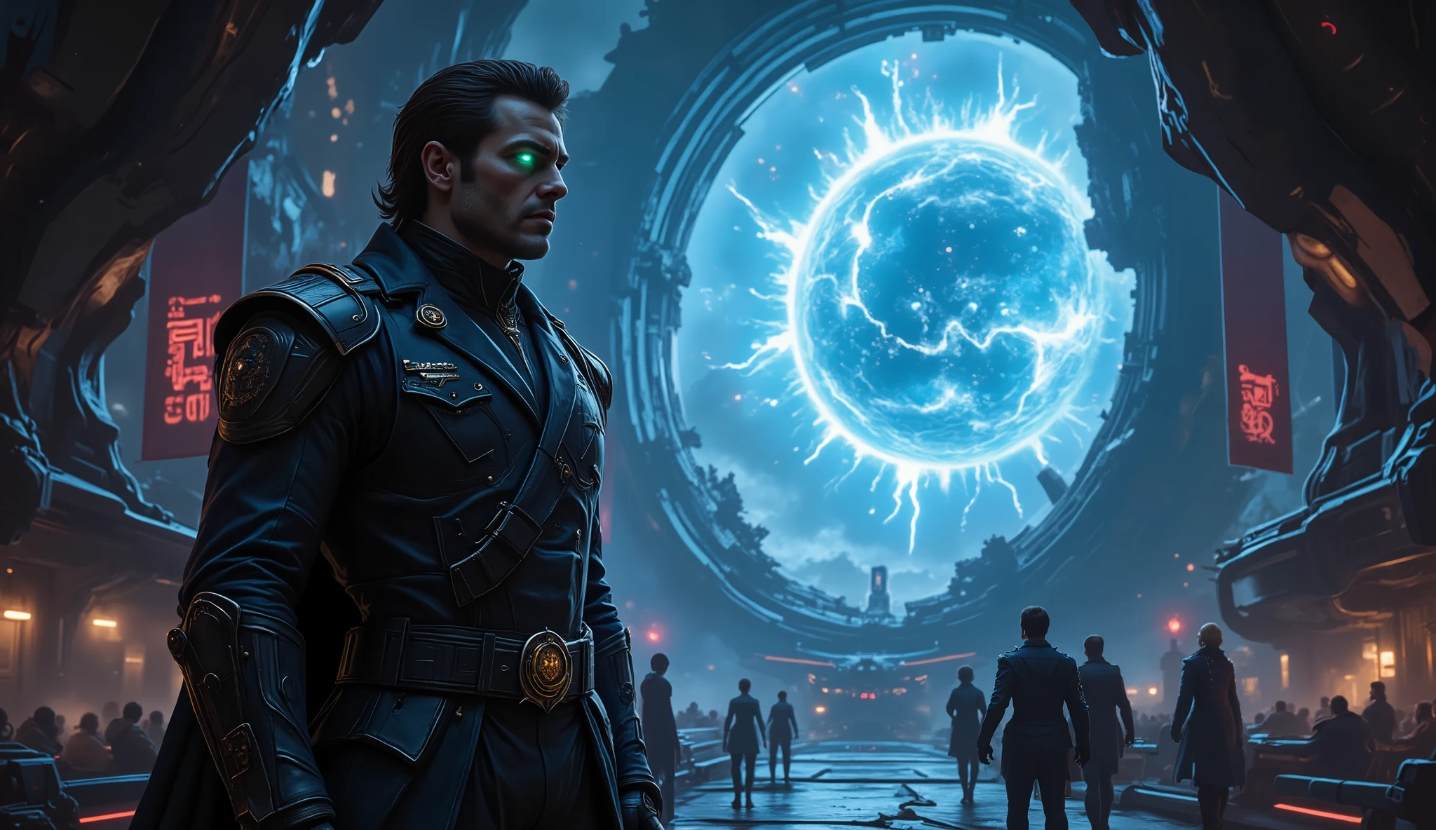 A towering, imposing figure stands before the massive observation window of a colossal warship, gazing at a dying star erupting into a cataclysmic blue plasma explosion. He is General Kael Draven, the ruthless leader of the Imperium Solari. His presence exudes authority and cold determination. His face is sharp and angular, with piercing emerald-green cybernetic eyes glowing faintly. A deep scar runs down his left cheek, a mark of countless battles. His dark navy-blue high-collared military coat is lined with gold insignias, and his cybernetic right arm hums with latent energy, intricate circuits pulsing beneath the metallic plating.
Behind him, the bridge of the warship is a masterpiece of brutalist design—sleek black metal, holographic red tactical displays, and towering banners of the Imperium. Elite officers in sharp uniforms move with military precision, awaiting his orders. The ship's structure extends outward, revealing colossal energy cannons and armored plating, reinforcing its status as a harbinger of conquest. The scene is cinematic and ominous, emphasizing power, destruction, and the cold logic of war.
Style: Hard Sci-Fi, Dark Futuristic Military, Cinematic, High Detail
Lighting: Cold metallic blues and deep reds, glowing cybernetic enhancements
Resolution: 4K, Hyper-detailed, Realistic Space Art, Dramatic Depth and Contrast