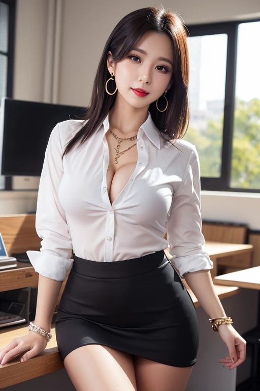 (masterpiece:1.3), (best quality:1.2), (intricate detailed:1.2), (hyperrealistic:1.2), (professional photograpy:1.1), highly detailed, illustration, absurd res, perspective, detailed background, background blur, focus, milf, mature woman, a korean woman sitting in the office room, tempting pose, a white wall, a grey table, posters on the wall, 1girl, CEO, (medium breasts), long hair, perfect hands, detailed fingers, beautiful detailed eyes, perfect eyes, seductive eyes, brown eyes, legs spread, panties shot, lift skirt, (business outfit:1.2), open office shirt, nametag, cleavage, skirt, black choker, earrings, stockings, looking at the viewer, from front, better hands,
art by paul thomas anderson,
(photographed on a Sony A7R II with Sony 16-35mm lens, 1/250th, f/5.6, ISO 1250),