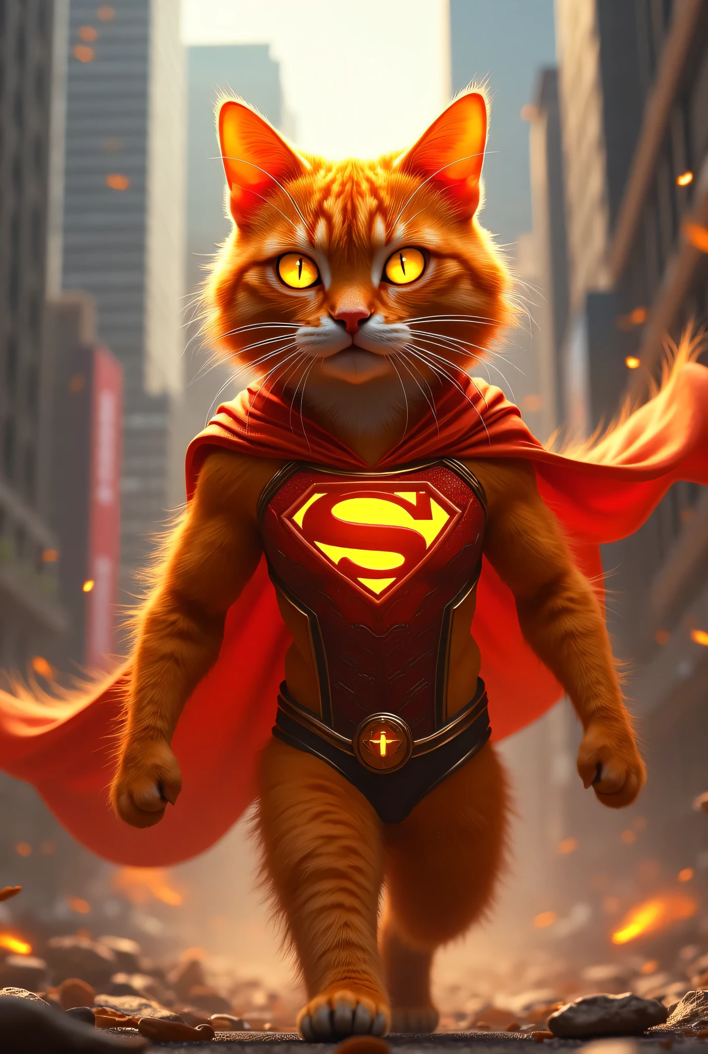 You are now a 3D drawing expert. Superman yellow cat standing proudly in a burning house.