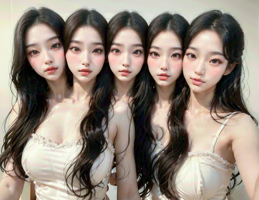 bestresolution, (2heads:1.2), three women with long hair and red lipstick posing for a picture, ulzzang, wan adorable korean face, jaeyeon nam, inspired by Ma Yuanyu, jinyoung shin, with cute doting eyes, cute korean actress, kim doyoung, with cute - fine - face, korean symmetrical face, high-quality 4k portrait, [ realistic photography ]