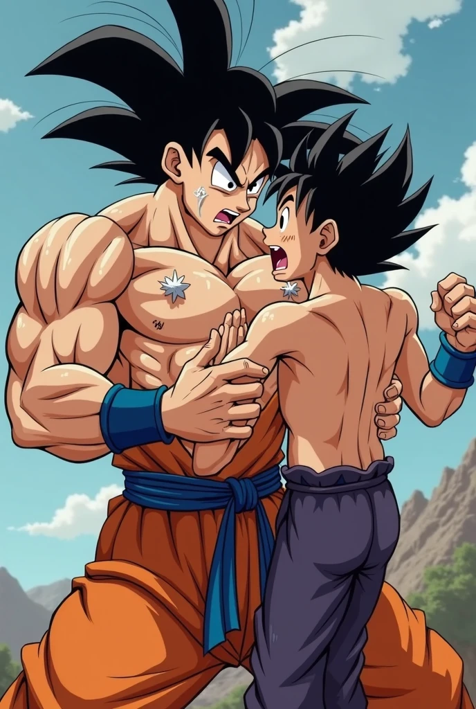 Son Goku,Huge erect penis、Well-trained muscles,baby,Drooling,(((Protruding veins in the body))),Bodybuilder-like muscles,Ejaculating penis,Sexy nipples,squat,2boy~4boy,Muscular thighs,Orgy,fuck,A face in pain and tears,Unfocused eyes,Harness,Gag,Surrounded by a black aura,Upward Penis,Tight shirt,A devilish black body and large wings,Anal Sex,True to anatomy,Lewd