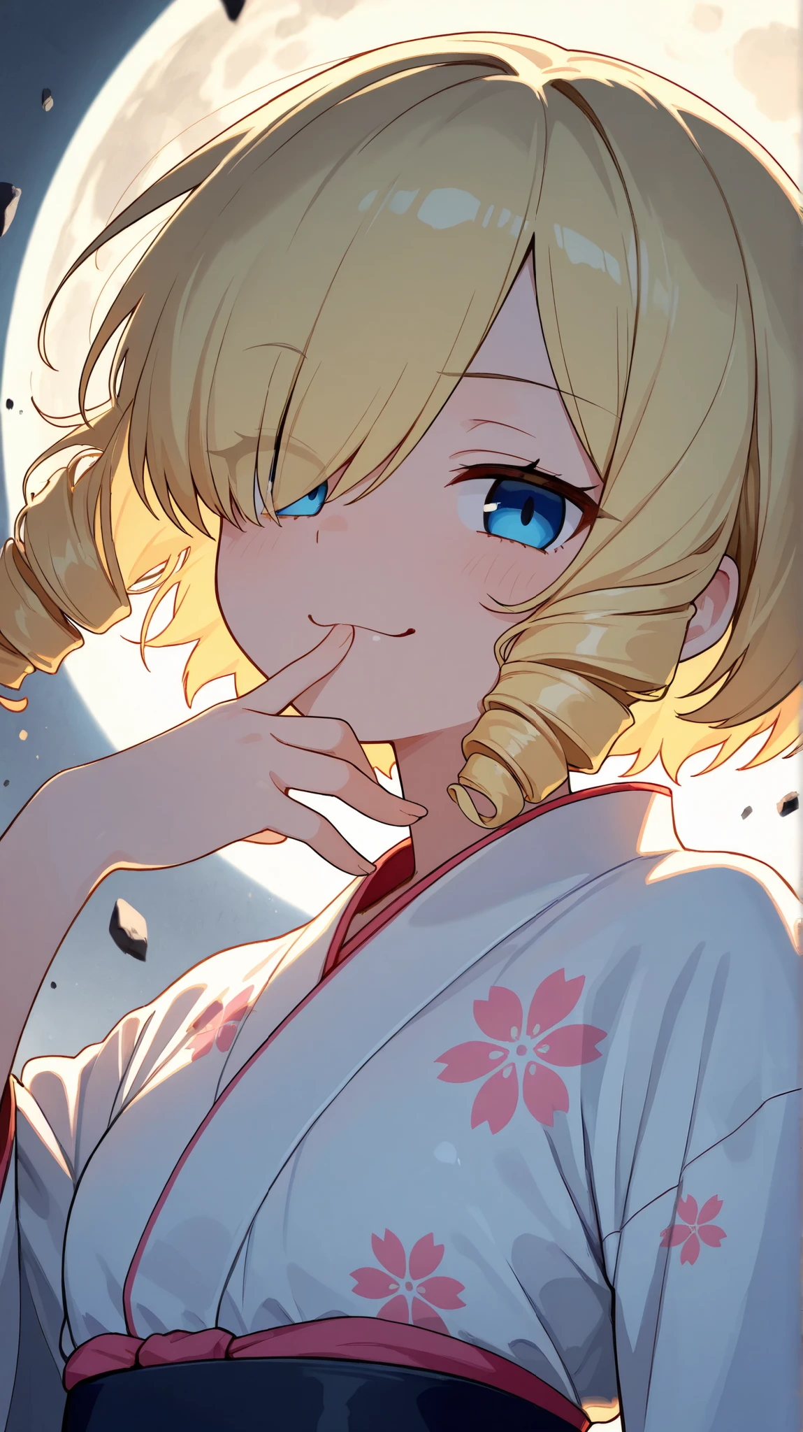 (score_9, score_8_up, score_7_up), ultra-detailed, detailed face, focus on upper body, dynamic angle, dutch angle shot, (looking at viewer),
Solo, a girl, a smug expression, blonde, short hair, drill hair, drill sidelocks, hair over one eye, blue eyes, slant eyes, narrow eyes, White kimono with cherry blossom pattern,
BREAK,
White lace with see-through background, anime, illustration, masterpiece, best quality, detailed, mystical atmosphere, pastel academia, soft-edged, soft surface, backlighting, moon light, moody lighting, underlighting, sharp shadows, fast shutter speed, 2D Anime, Best Hands, Best Hand, 135mm, F4.0, SONY FE GM, best hand