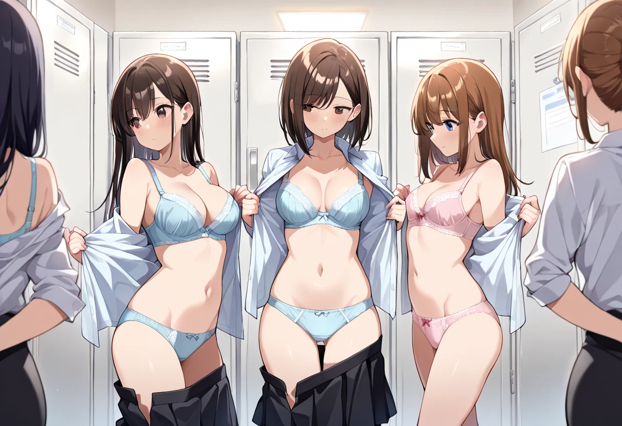 (((masterpiece, Highest quality, High resolution, 超High resolution, Perfect Pixel, Depth of written boundary, 4K, RTTX 10.0))), Beautiful Anime Woman, Beautiful art style, Anime characters, ((Smooth texture, Realistic texture, Anime CG Style)), Exact finger count、Exact number of legs、(Exact number of arms:1.0, Exact number of hands:1.0), (Perfect hands, Perfect Anatomy), Cinematic, Realistic, Extremely detailed CG, Daytime lighting, Perfect lighting, Best Shadow, The best natural light, whole body, Perfect body, バランスのとれたPerfect body, Perfectly balanced style, Slender body, Small face, ((bangs, Reddish brown hair, Various hairstyles, Stylish hairstyle)), ((Rear view of three cute adult women chatting and changing in a changing room:1.8)), ((Sexy and cute white underwear, Sexy and cute light blue underwear, Sexy and cute pink underwear, Sexy and cute brightly colored underwear:1.3), (Stylish shiny satin panties, Side-tie panties, Panties with lace trim:1.3), (Knee socks:1.3), loafers:1.3), (School changing room, locker room:1.5), naked, In underwear, whole body, All three are the same height, Accurate perspective, (Taking pictures secretly:1.3)