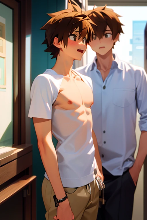 Anime, , boy, cute face, unbuttoned shirt, School pants, belt, at the door of his room, tired