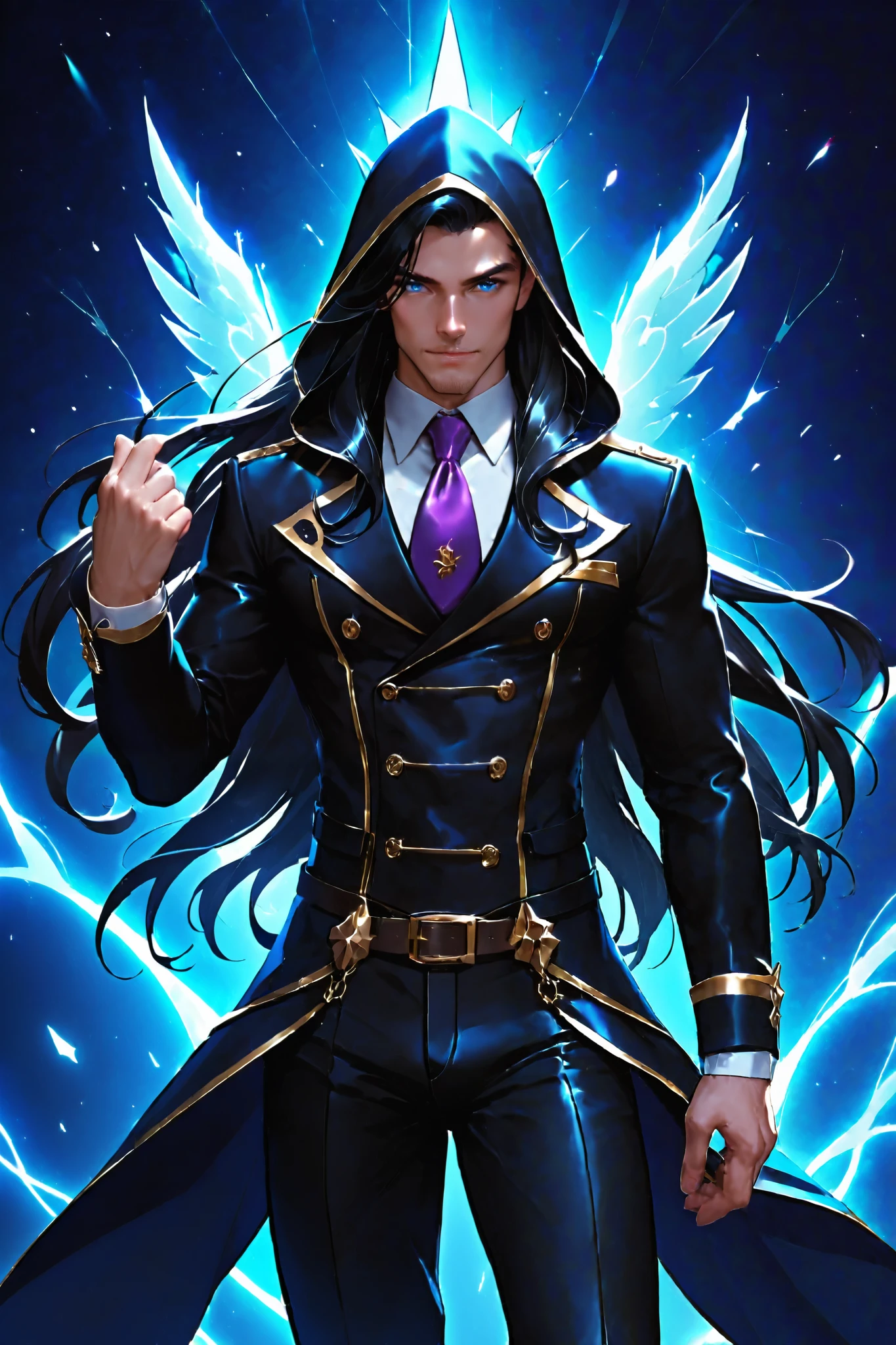 score_9, score_8_up, score_7_up, detailed. painterly digital art depicting a stunning, handsome man with chiseled features and piercing blue eyes and (((long black hair))). He is wearing a black hood over his head. The background is a dark with shimmering patterns dancing in the air. The man's face is illuminated by cool moonlight, emphasizing his dangerous aura and allure. (cowboy_shot)