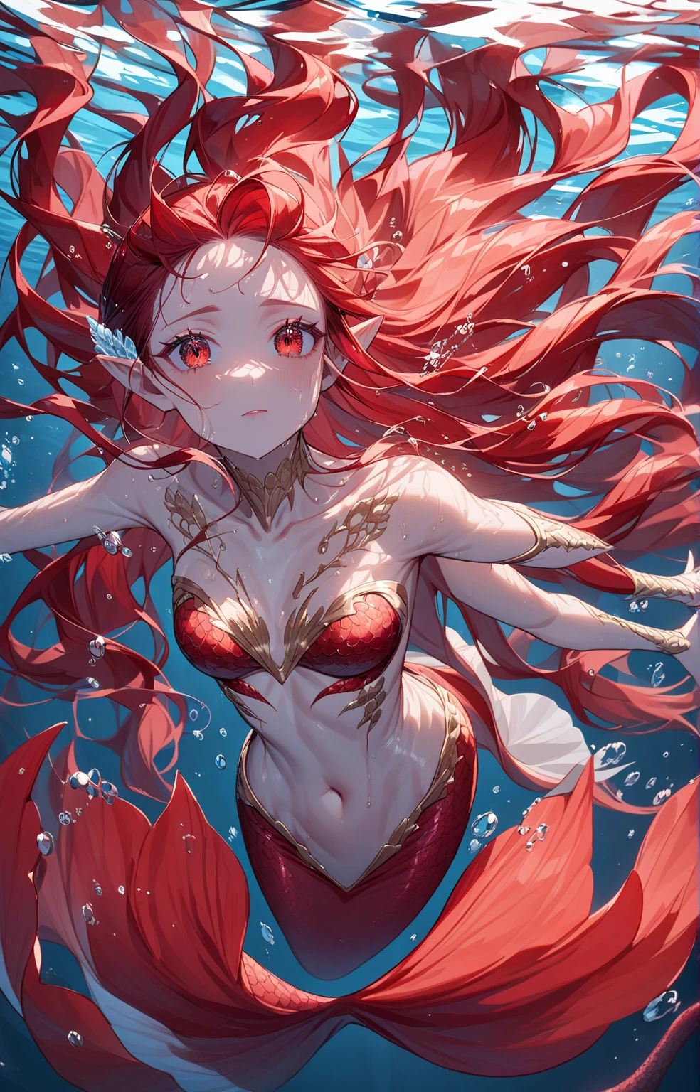 Redhead_woman, female_character, fantasy_red_hair, long_hair, chest, wide_hips, fish_scales(whole_body), scaly_legs, tail, shark_tail, scaly_arms, body_stripes, fish_scales, shark_gills, gills, shark_teeth