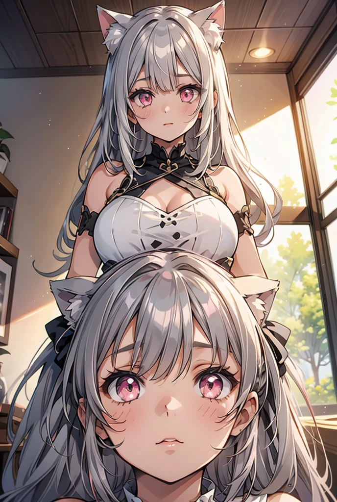 ((((tanned skin)))), ((((grey color hair))), long curly twin-tail hair with tousled ends, messy bangs that show forehead. Large, beautiful yellow eyes. Mom、Mother、rattle