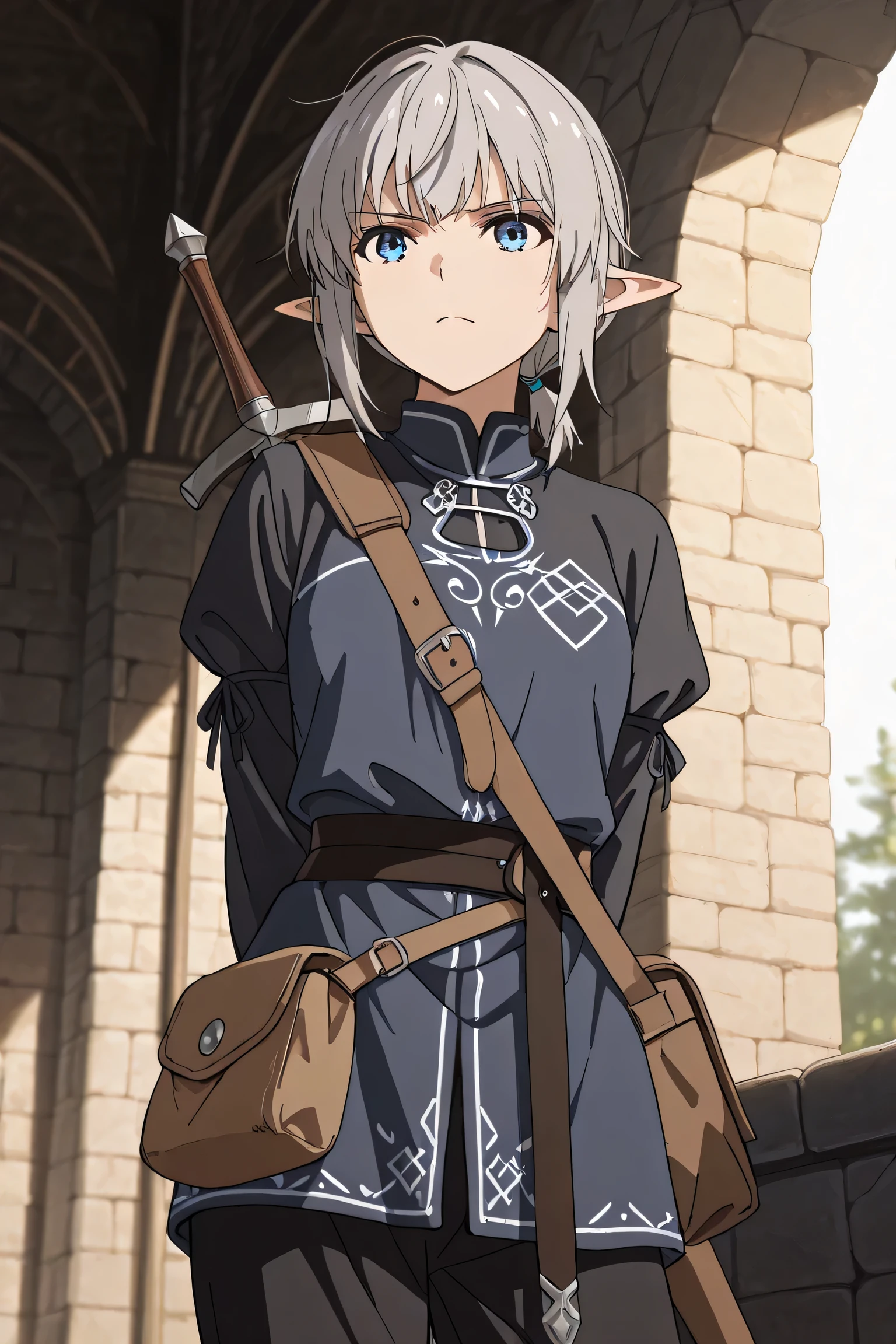 Masterpiece , newest , safe, beautiful woman , , dark grey hair , blue eyes , elf, , medieval grey tunic , cunning look , , black pants , beautiful woman , elf, , medieval black shirt , shirt, cunning look , , short hair, black pants Masterpiece , newest , safe, beautiful woman , cunning look , waist bag , black fabric pants , 1girl, one girl, serious face , black tunic , Hair gathered in a small ponytail, , Equipment, slim build , archer, long bow behind your back,